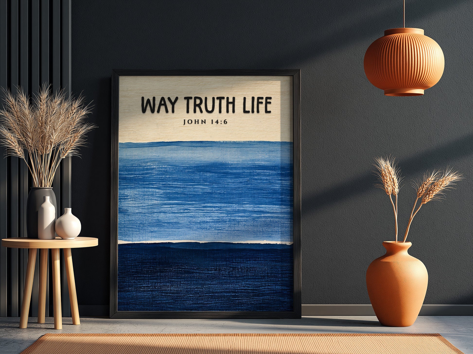 Inspirational religion poster featuring John 14:6 in calming blue tones