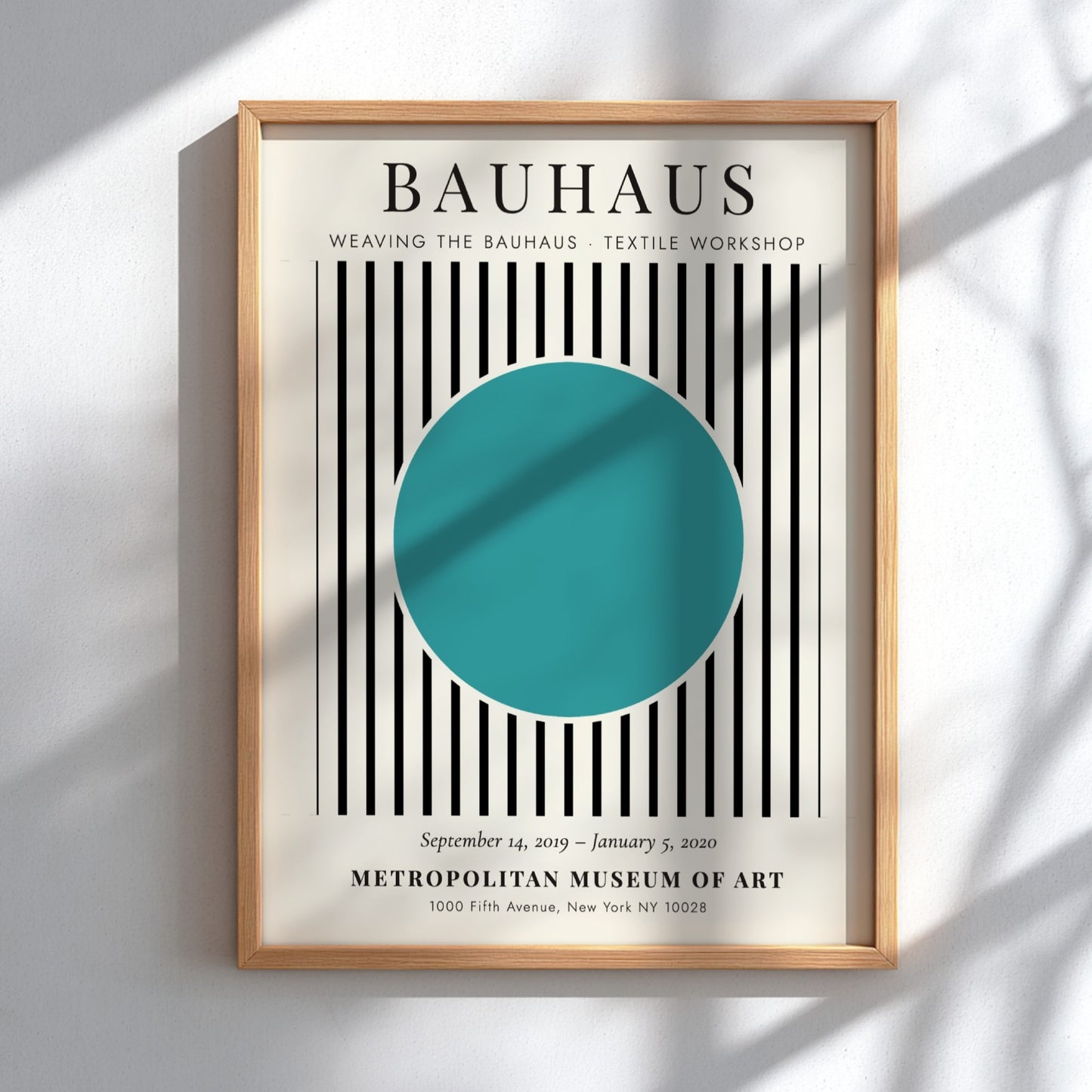 Bauhaus poster featuring textile design with turquoise circle and black and white stripes