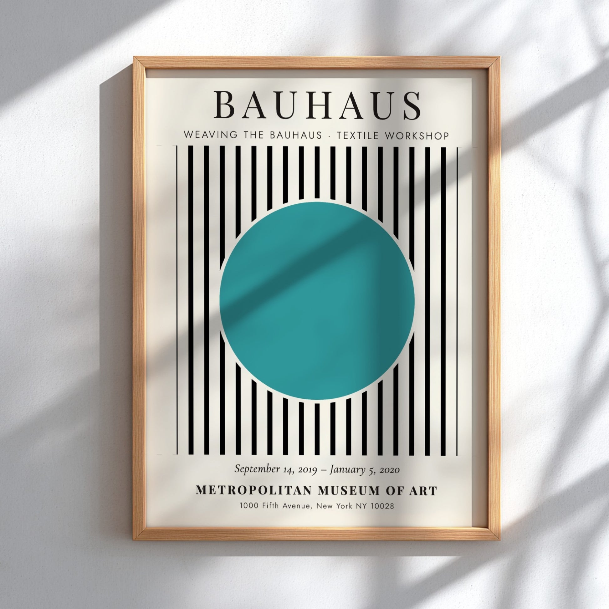Bauhaus poster featuring textile design with turquoise circle and black and white stripes