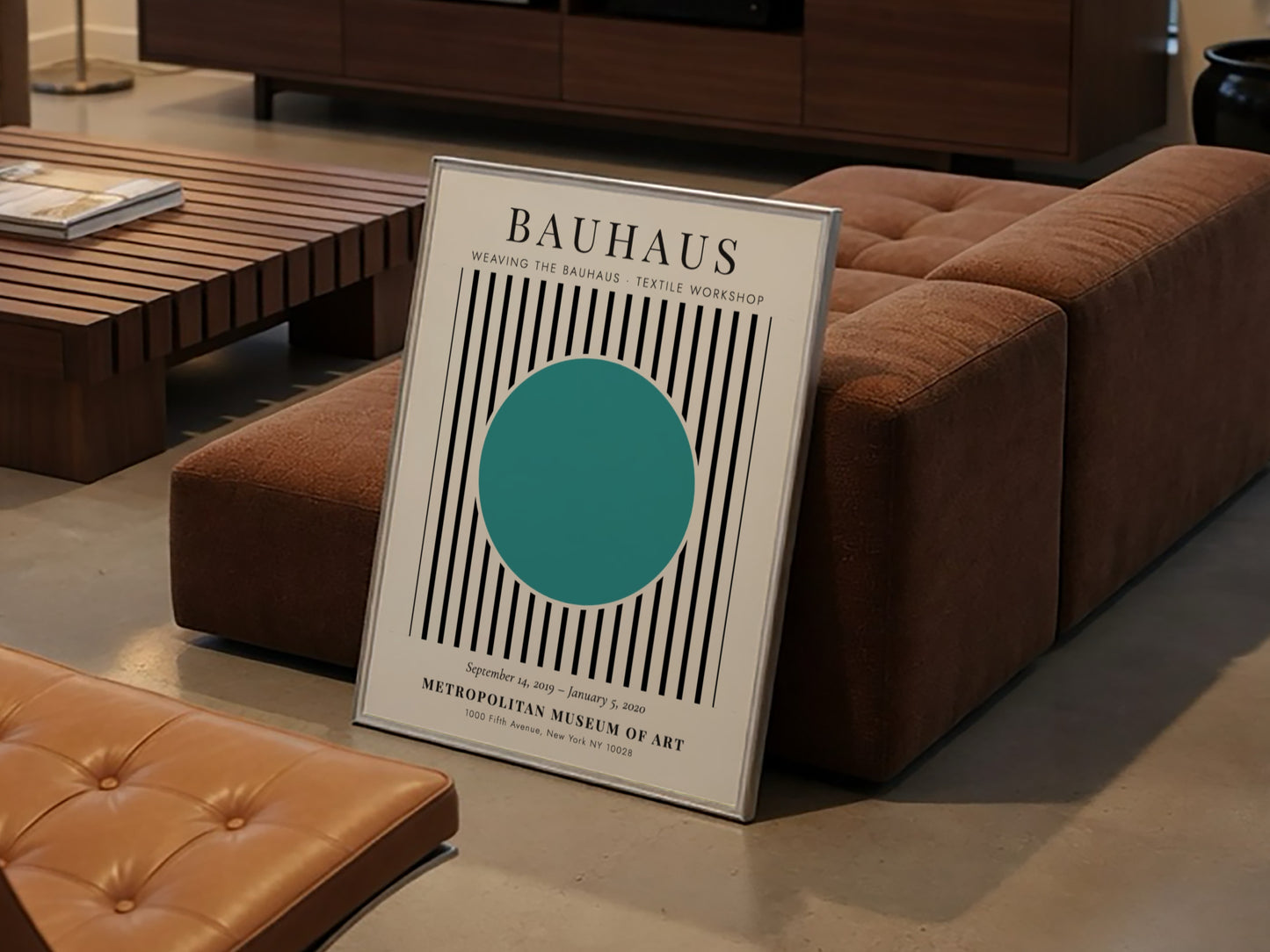 Bauhaus poster featuring textile design with turquoise circle and black and white stripes