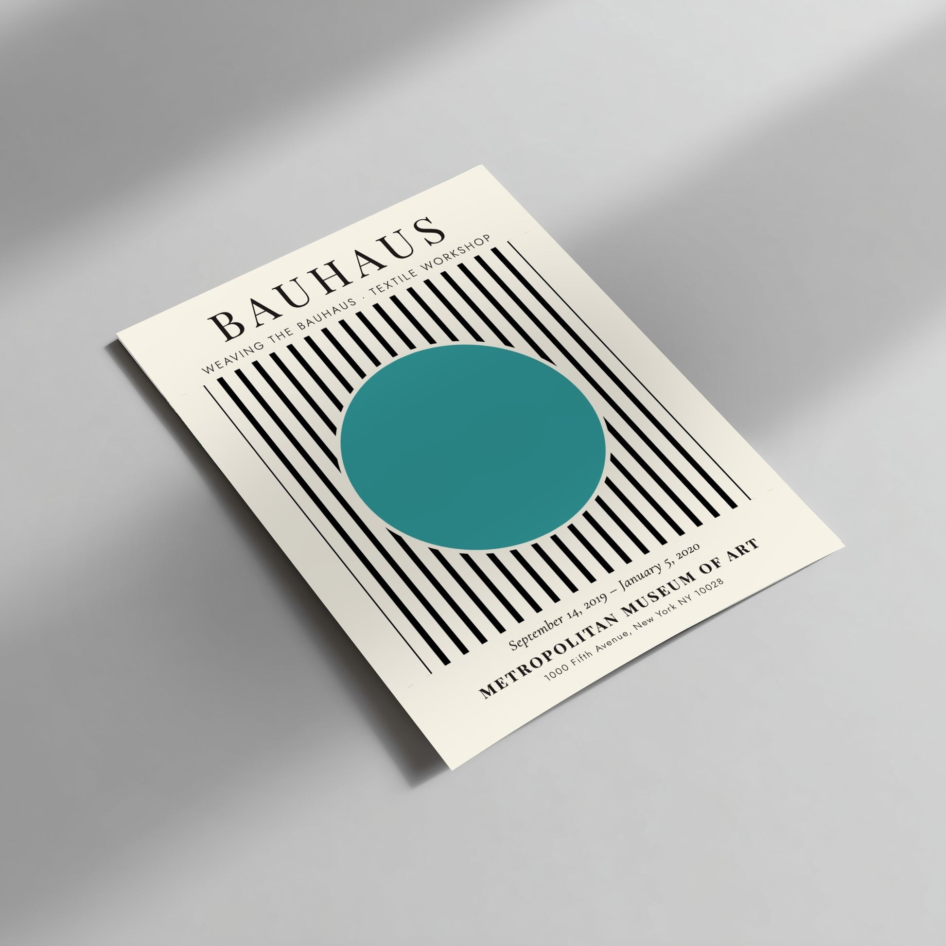 Bauhaus poster featuring textile design with turquoise circle and black and white stripes