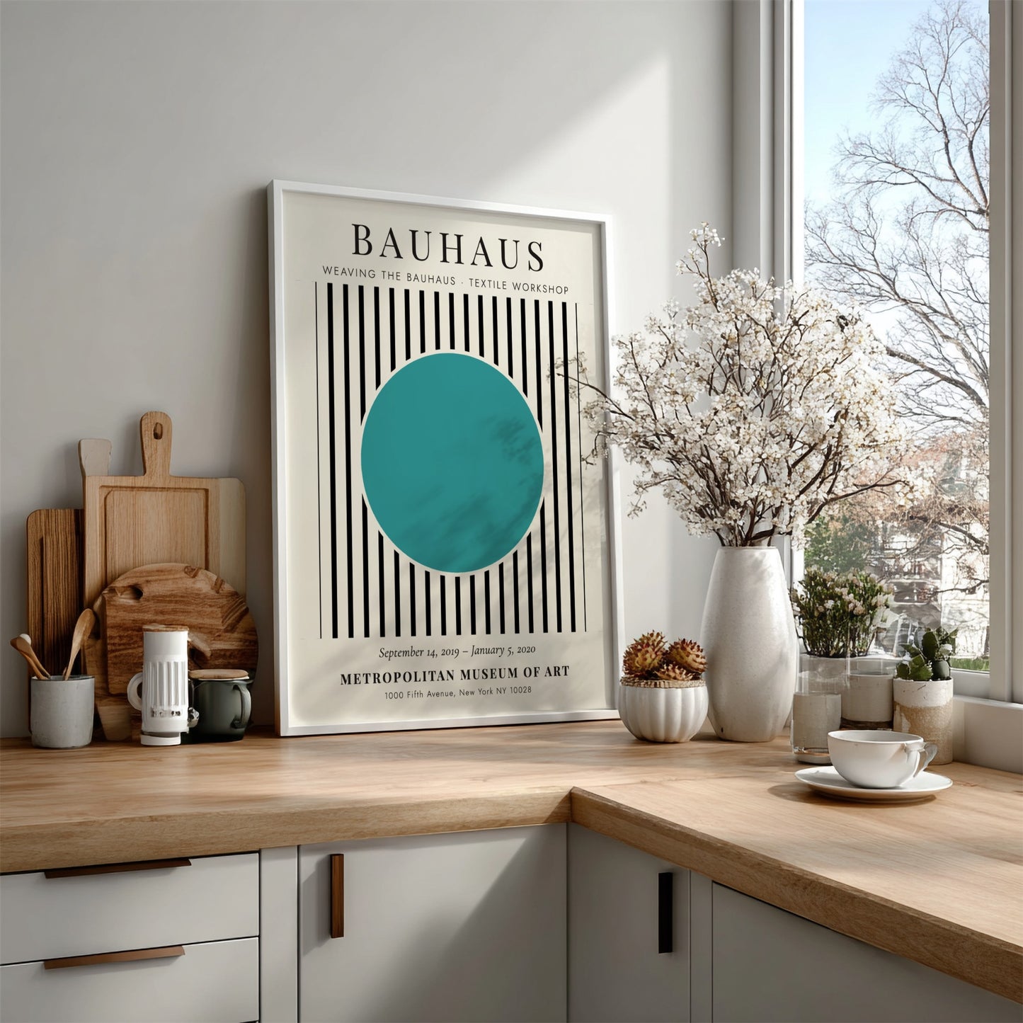 Bauhaus poster featuring textile design with turquoise circle and black and white stripes