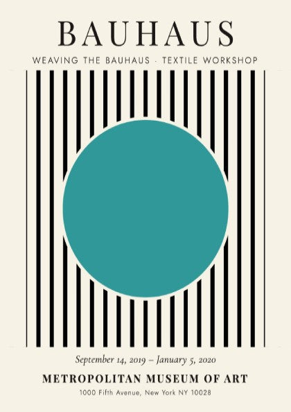 Bauhaus poster featuring textile design with turquoise circle and black and white stripes