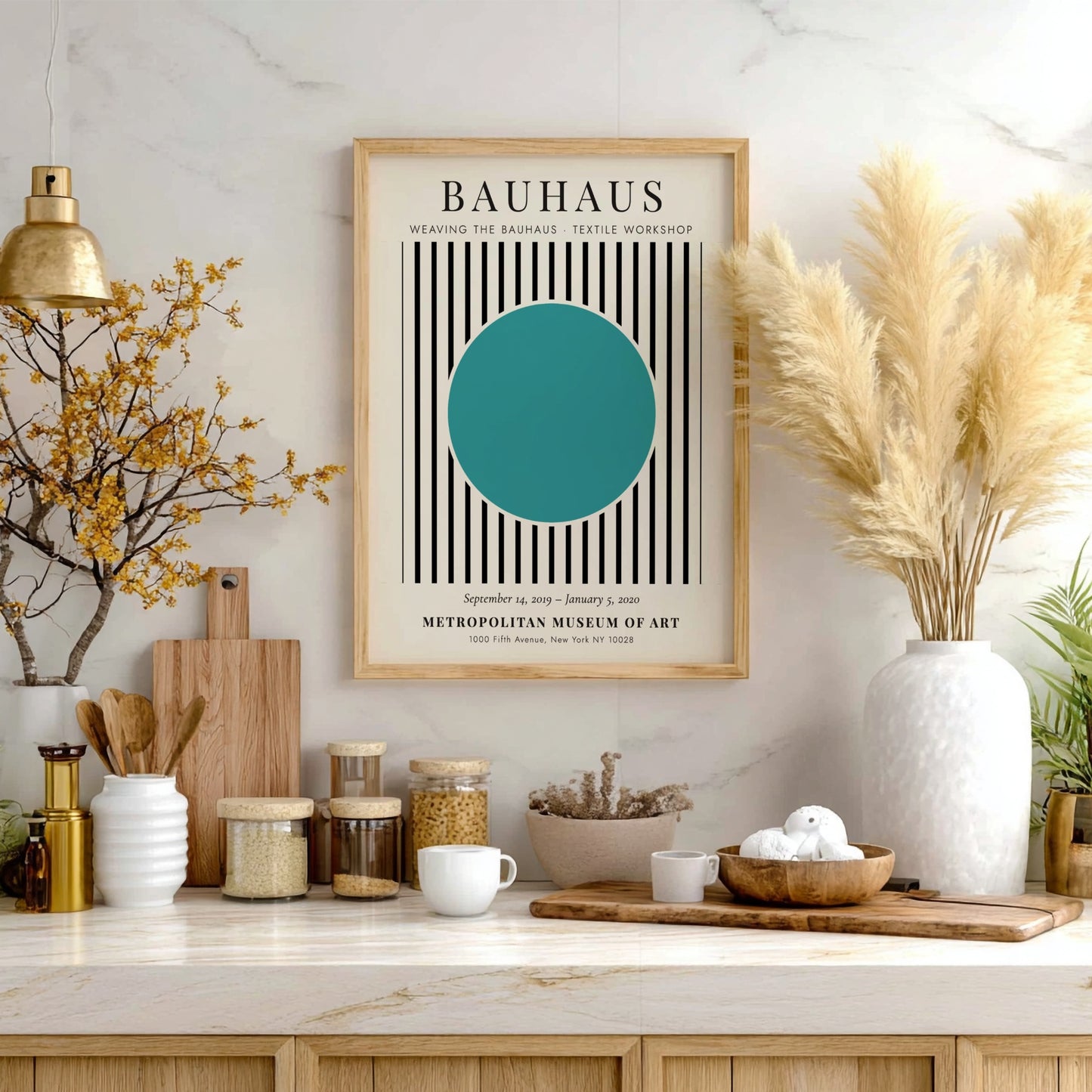 Bauhaus poster featuring textile design with turquoise circle and black and white stripes