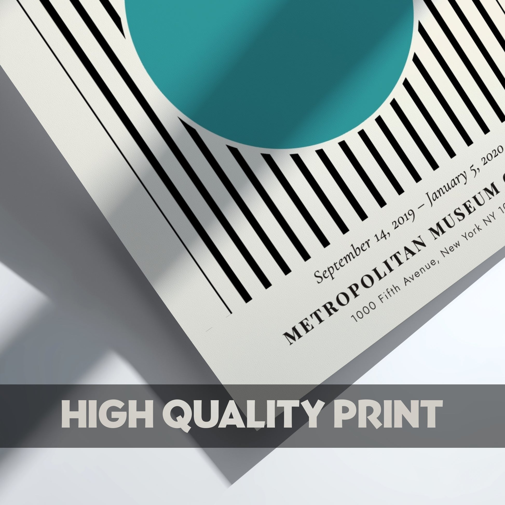 Bauhaus poster featuring textile design with turquoise circle and black and white stripes