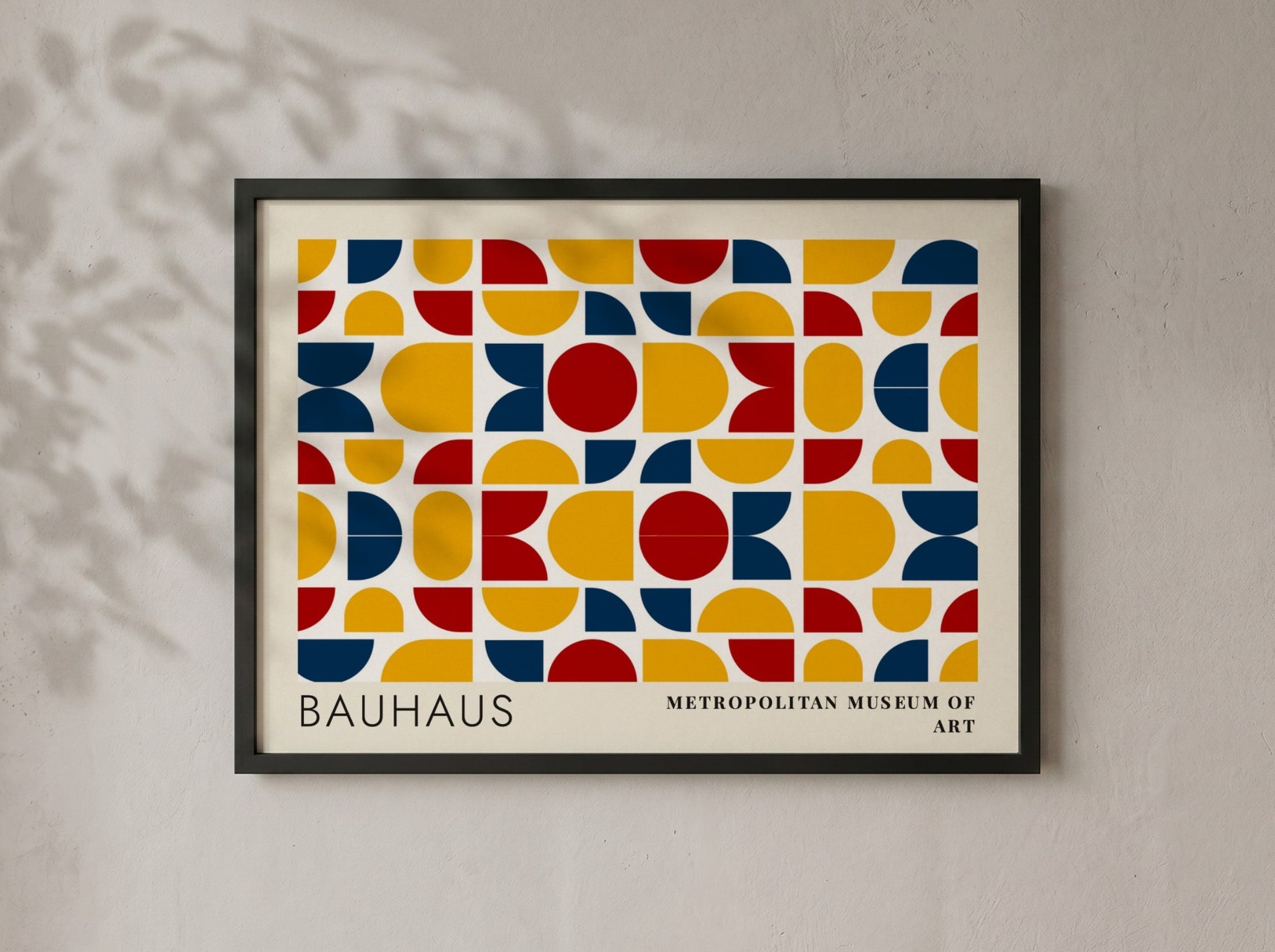 Wall art poster featuring Bauhaus geometric textile patterns in blue yellow and red colours.