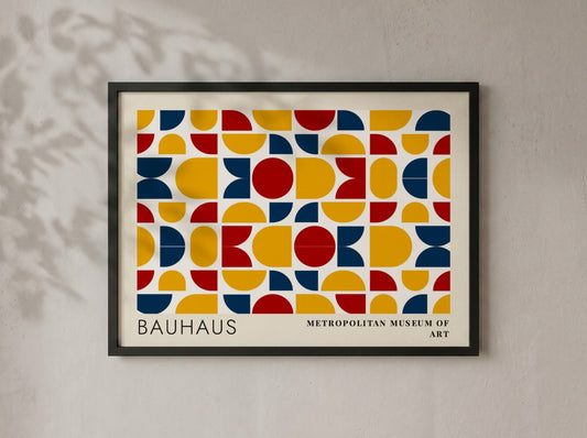Wall art poster featuring Bauhaus geometric textile patterns in blue yellow and red colours.