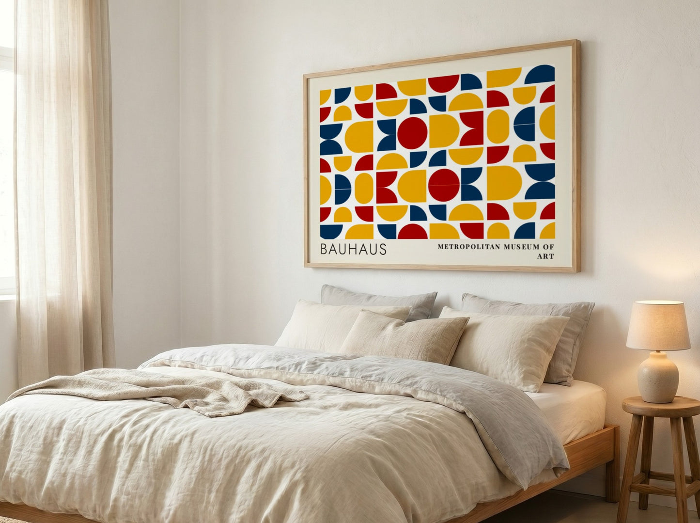 Wall art poster featuring Bauhaus geometric textile patterns in blue yellow and red colours.