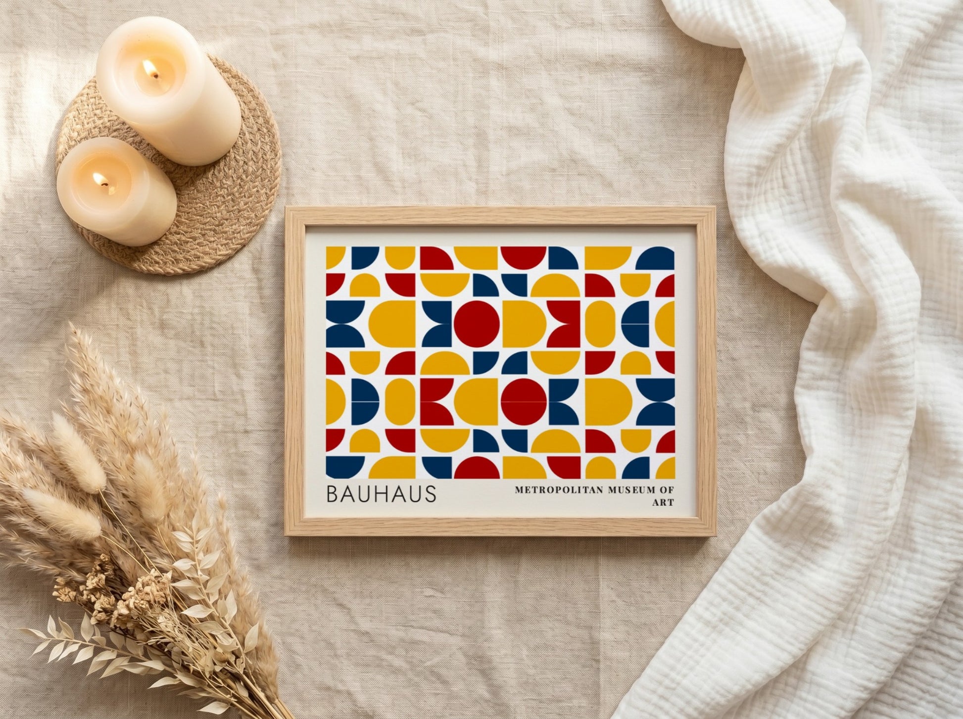 Wall art poster featuring Bauhaus geometric textile patterns in blue yellow and red colours.