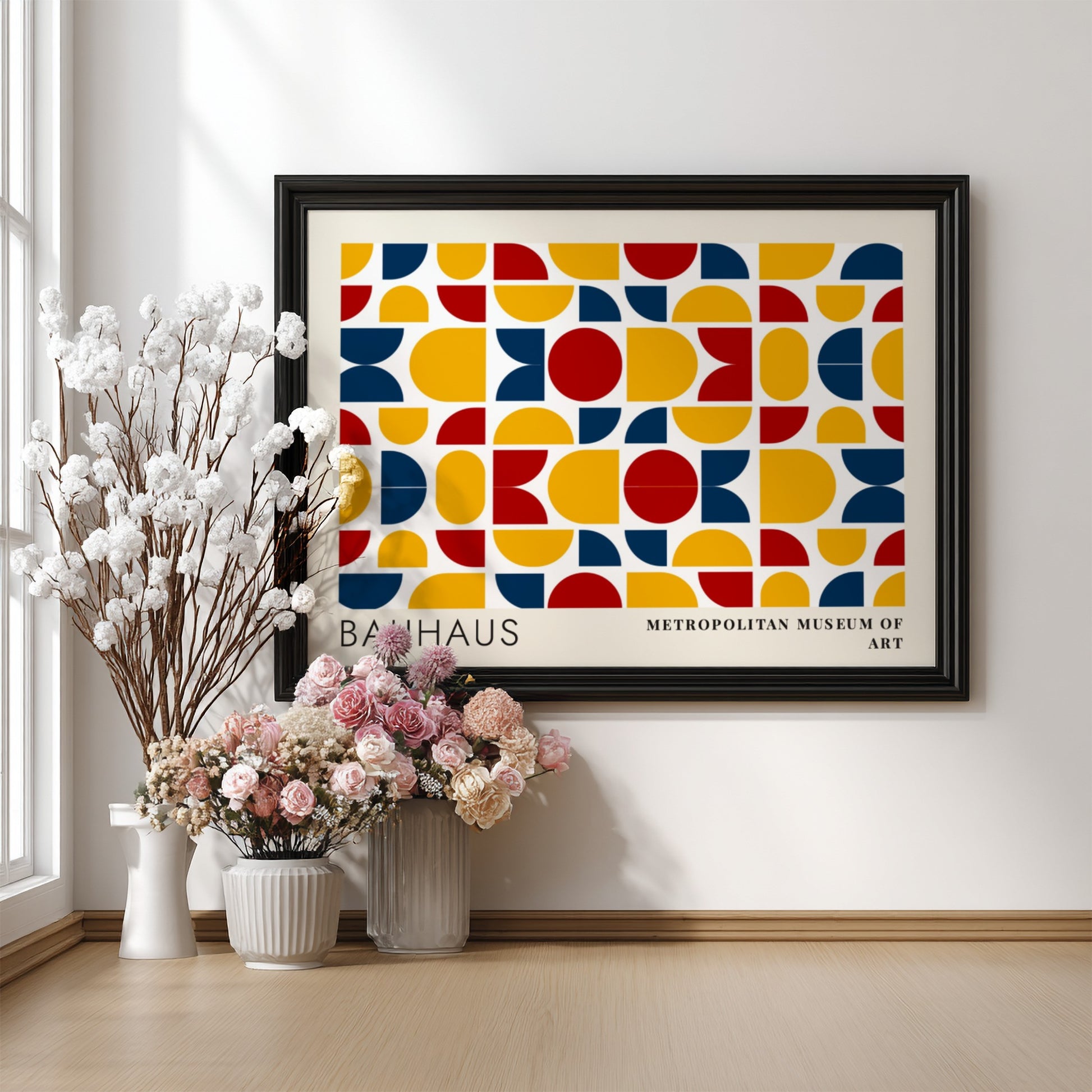 Wall art poster featuring Bauhaus geometric textile patterns in blue yellow and red colours.