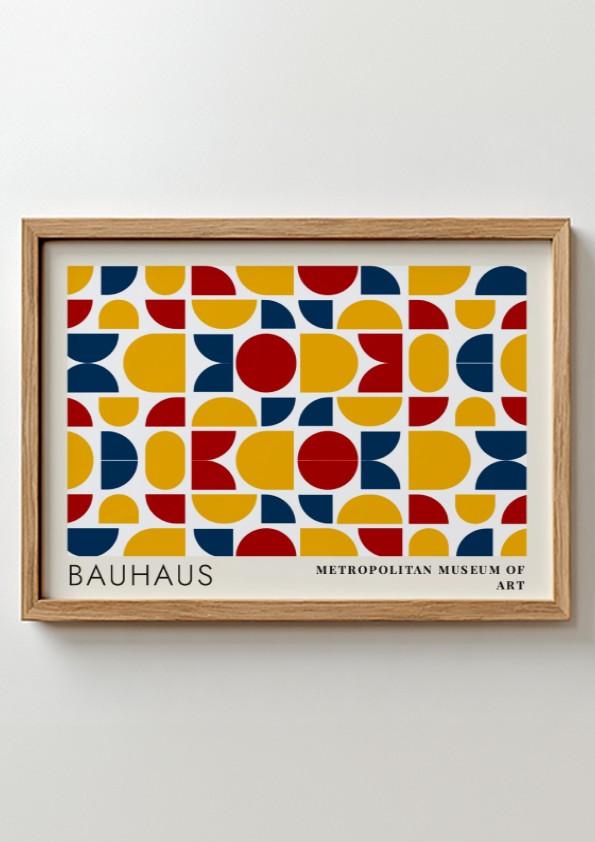 Wall art poster featuring Bauhaus geometric textile patterns in blue yellow and red colours.