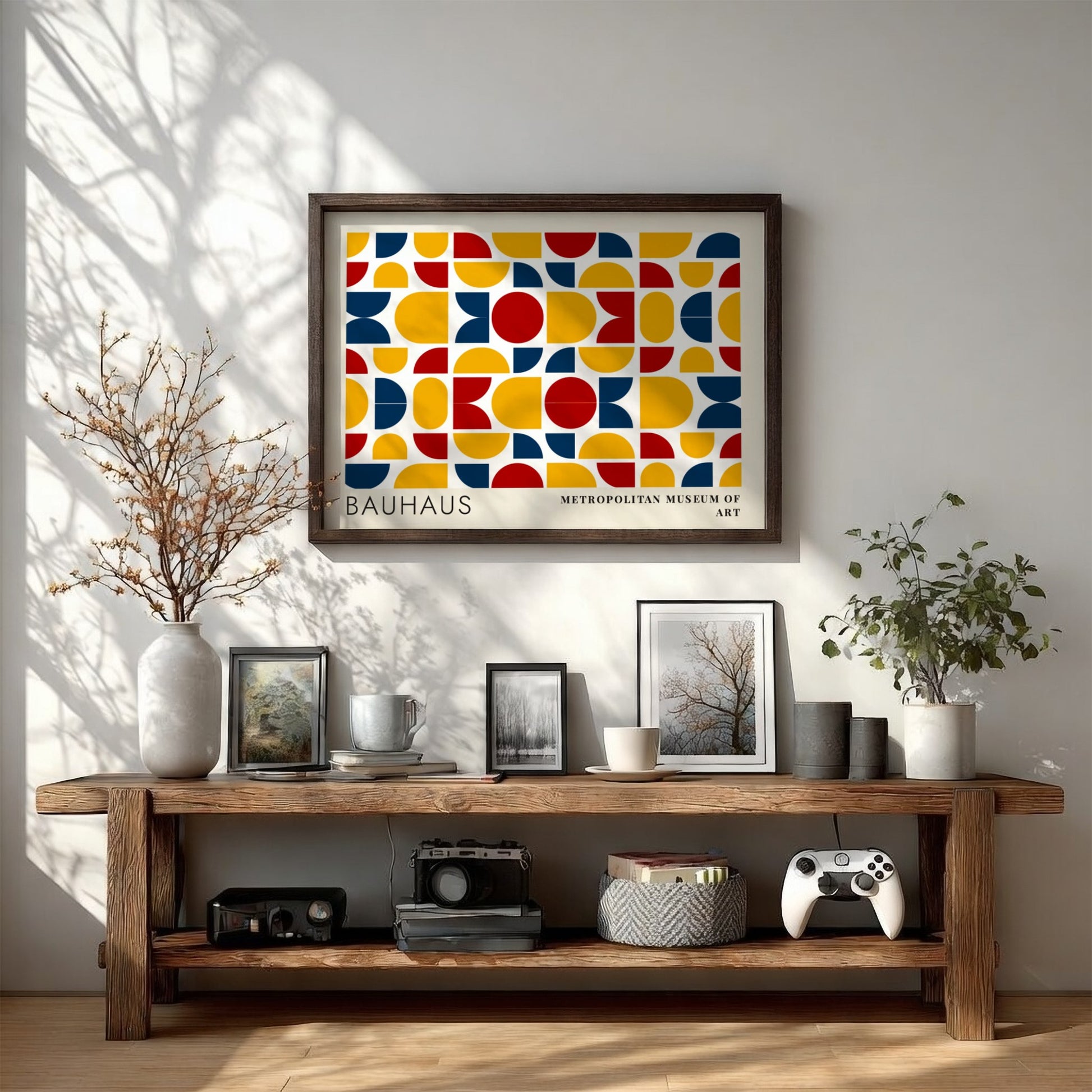 Wall art poster featuring Bauhaus geometric textile patterns in blue yellow and red colours.