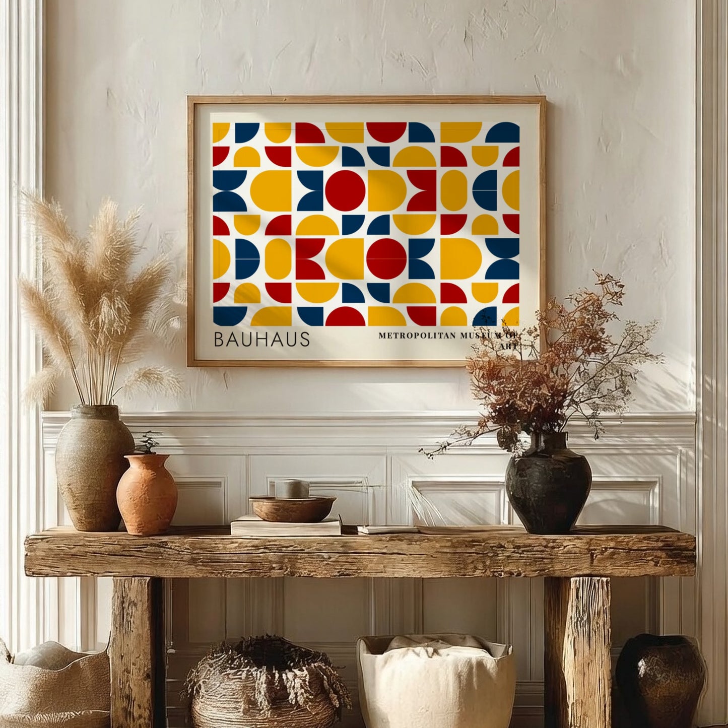 Wall art poster featuring Bauhaus geometric textile patterns in blue yellow and red colours.