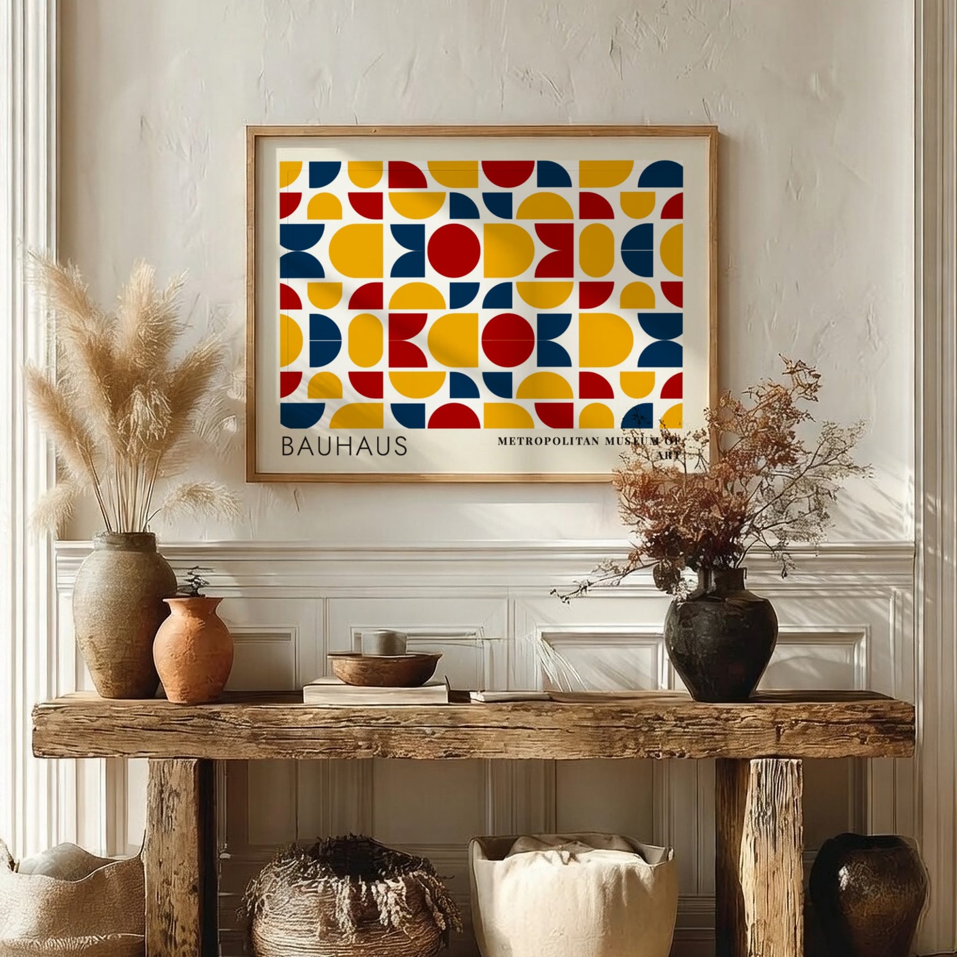 Wall art poster featuring Bauhaus geometric textile patterns in blue yellow and red colours.