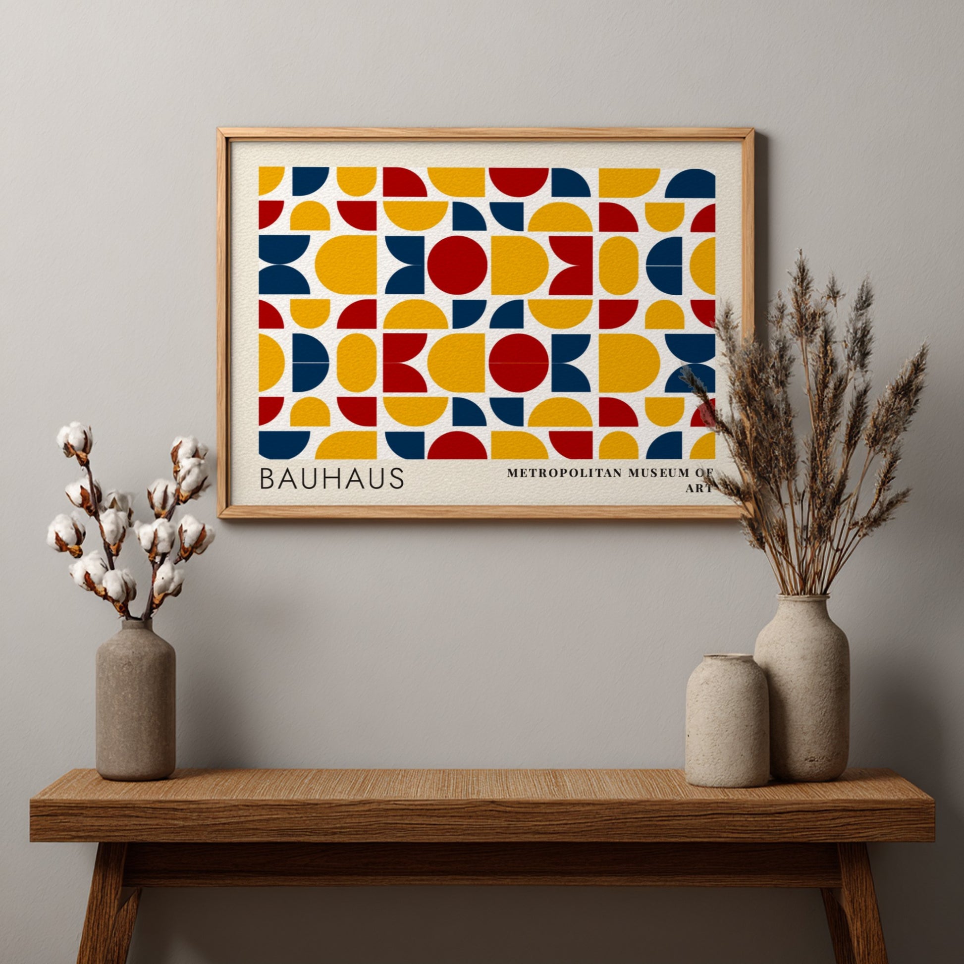 Wall art poster featuring Bauhaus geometric textile patterns in blue yellow and red colours.