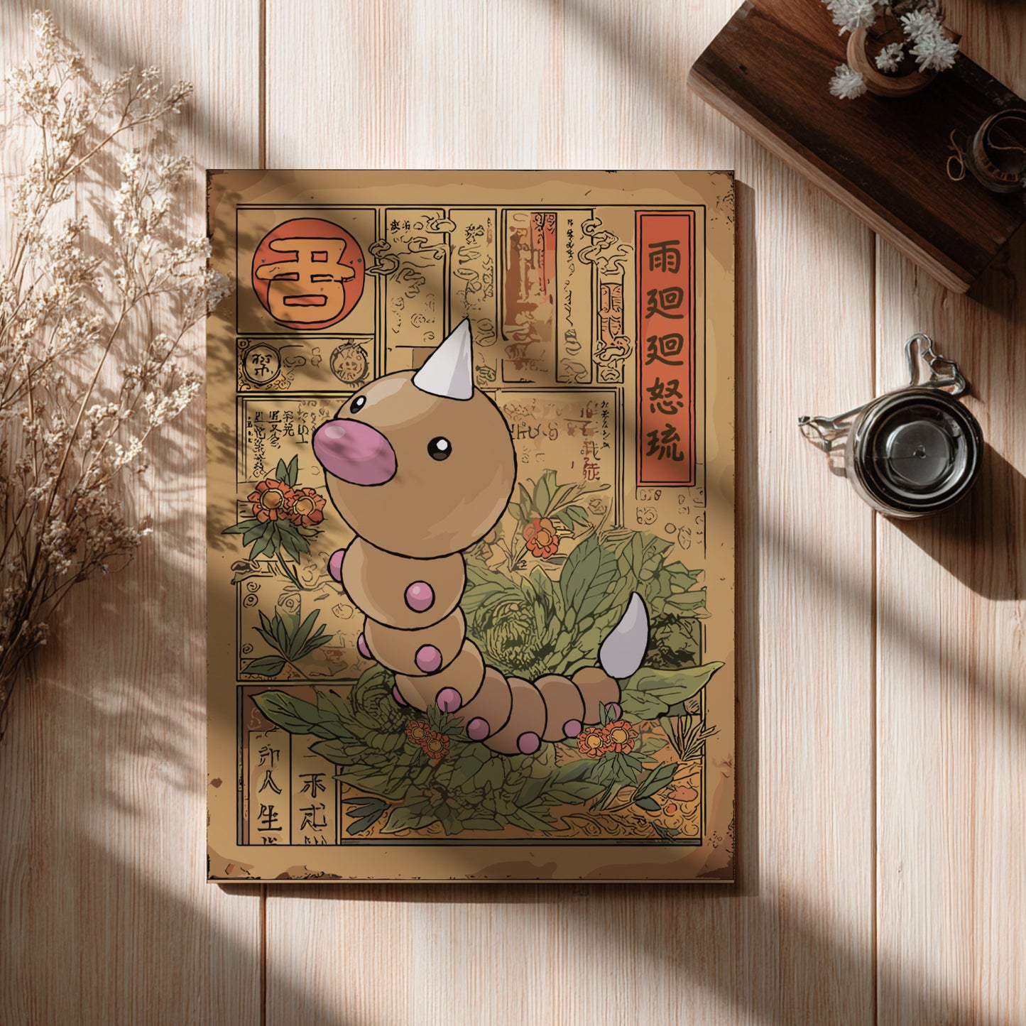 Illustrated Weedle Pokemon on a decorative box with Chinese characters on a wooden surface