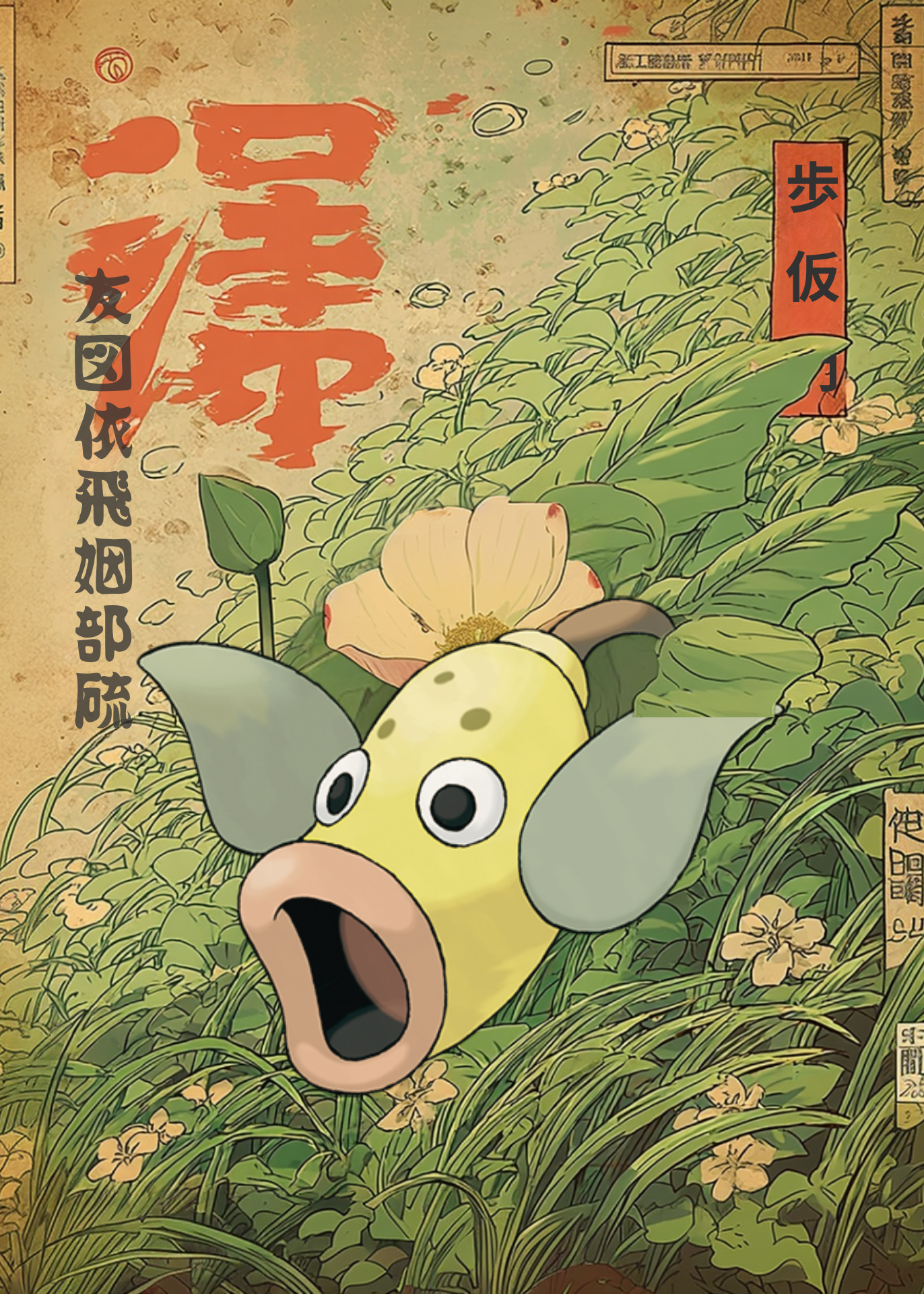 Illustration of Weepinbell Pokemon in a natural setting with text and decorative elements.