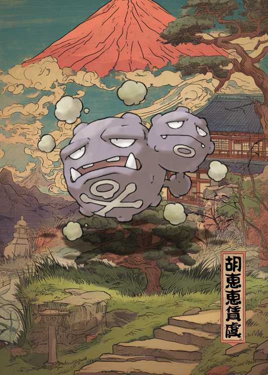 Weezing Pokemon in a Japanese-style landscape with Mount Fuji.