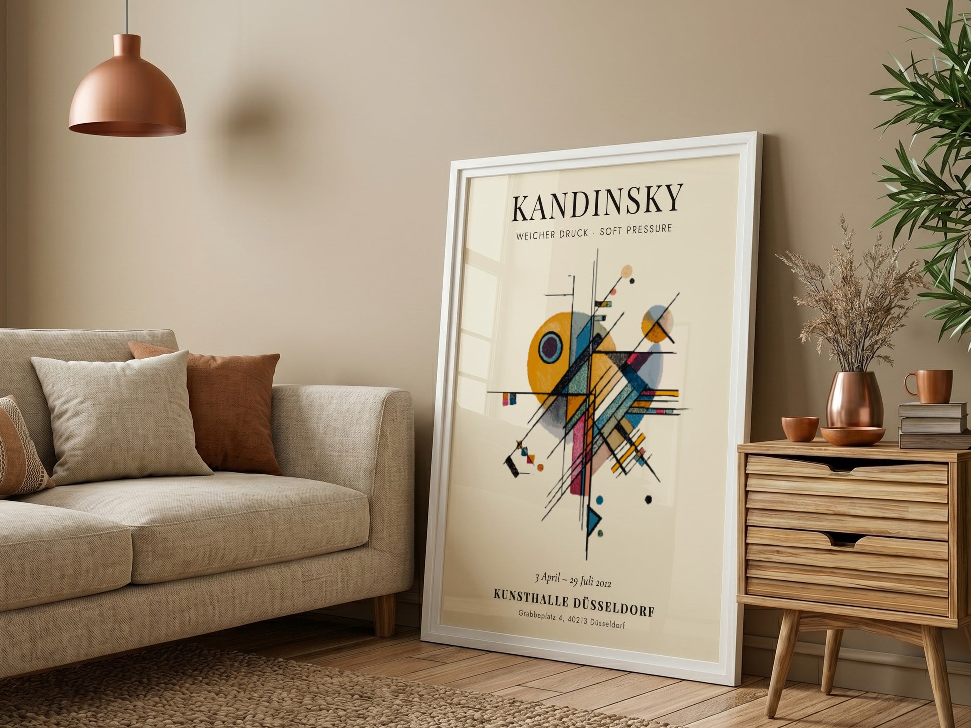 Kandinsky inspired poster featuring abstract shapes and warm colors, ideal for modern wall decor