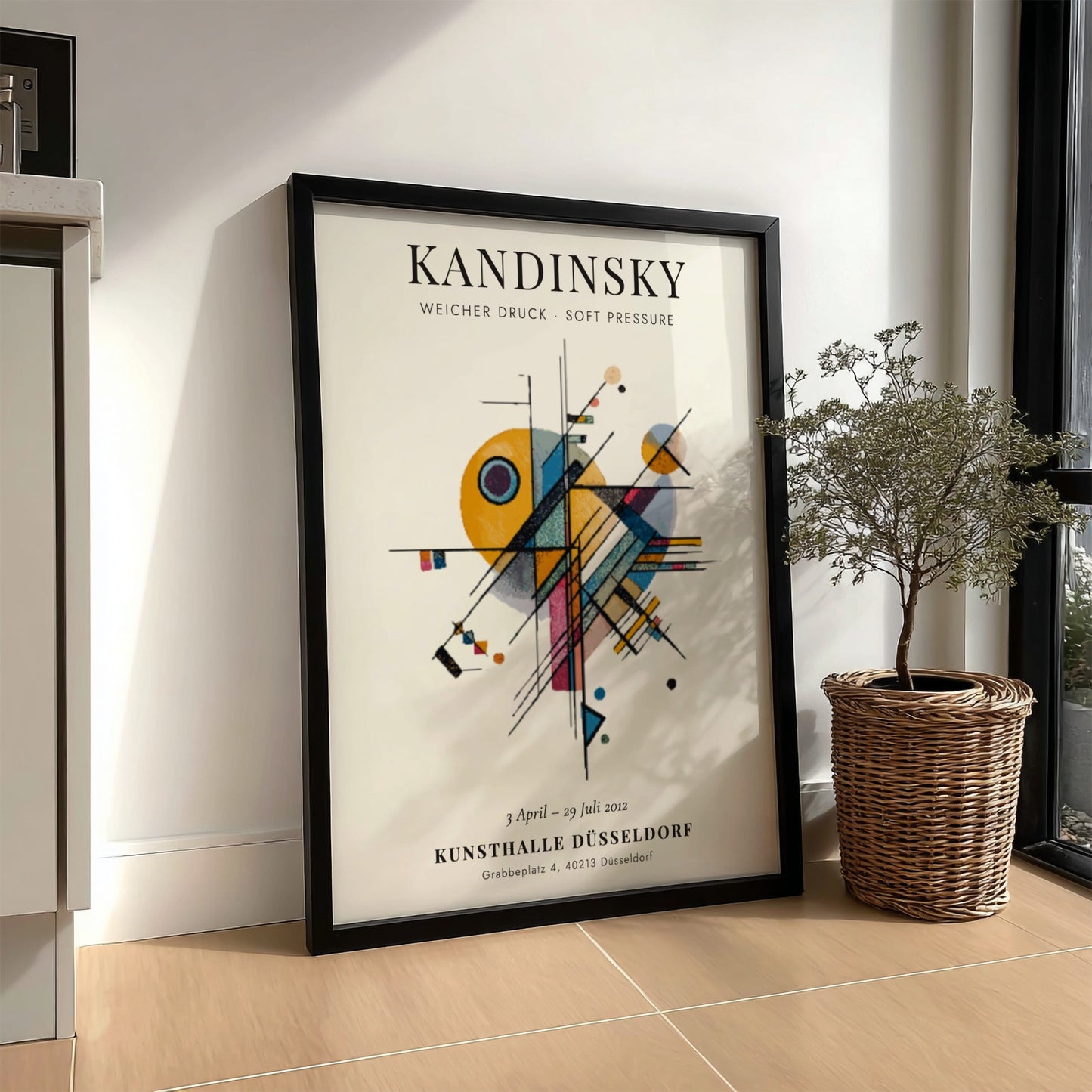 Kandinsky inspired poster featuring abstract shapes and warm colors, ideal for modern wall decor