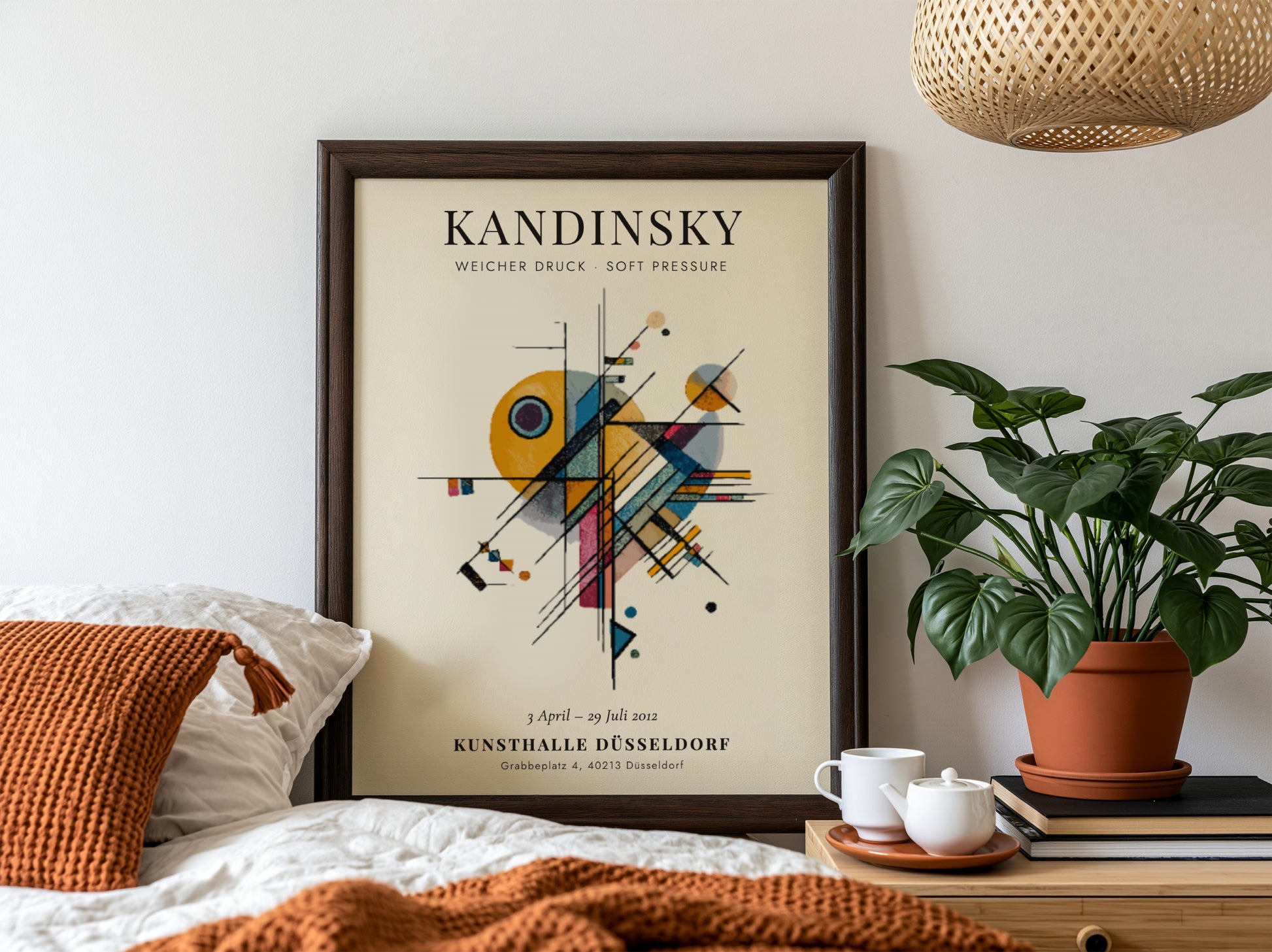 Kandinsky inspired poster featuring abstract shapes and warm colors, ideal for modern wall decor