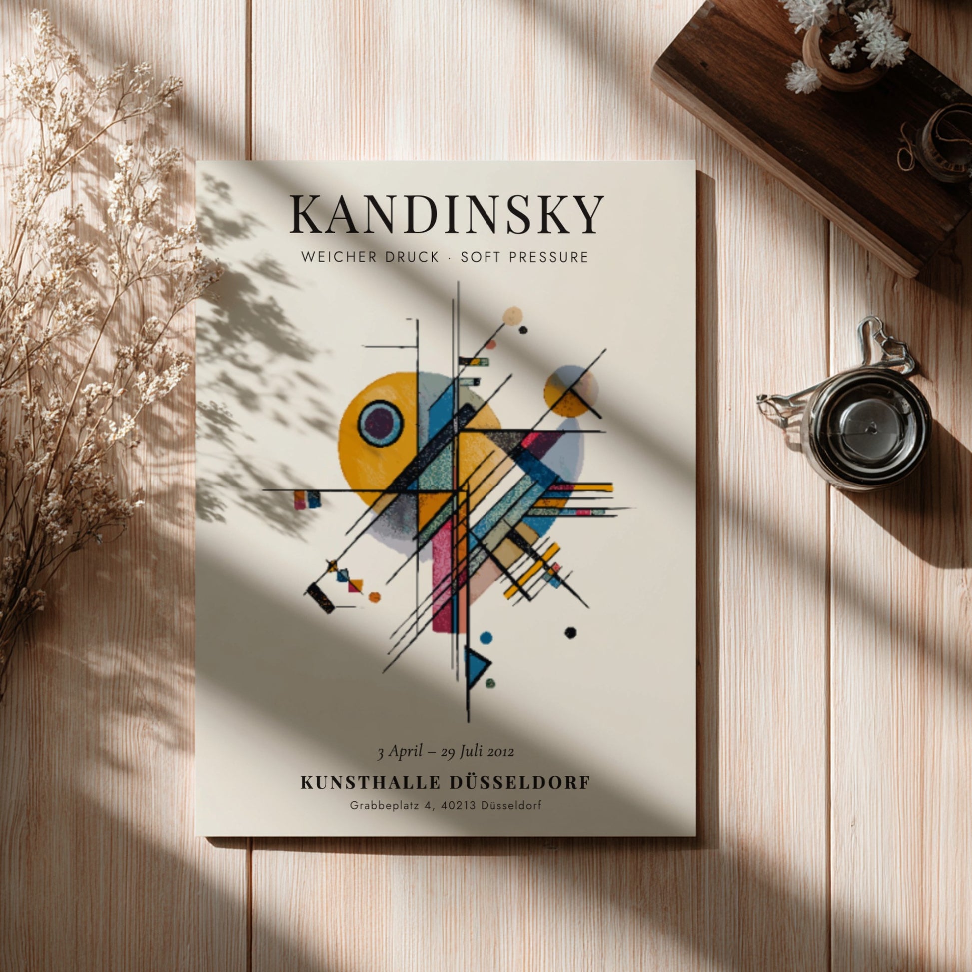 Kandinsky inspired poster featuring abstract shapes and warm colors, ideal for modern wall decor