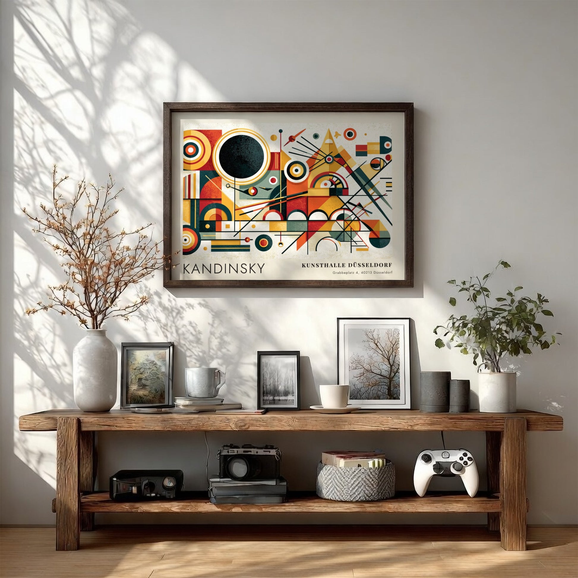Wall art poster featuring Kandinsky abstract geometric shapes and Kunsthalle Düsseldorf exhibition text