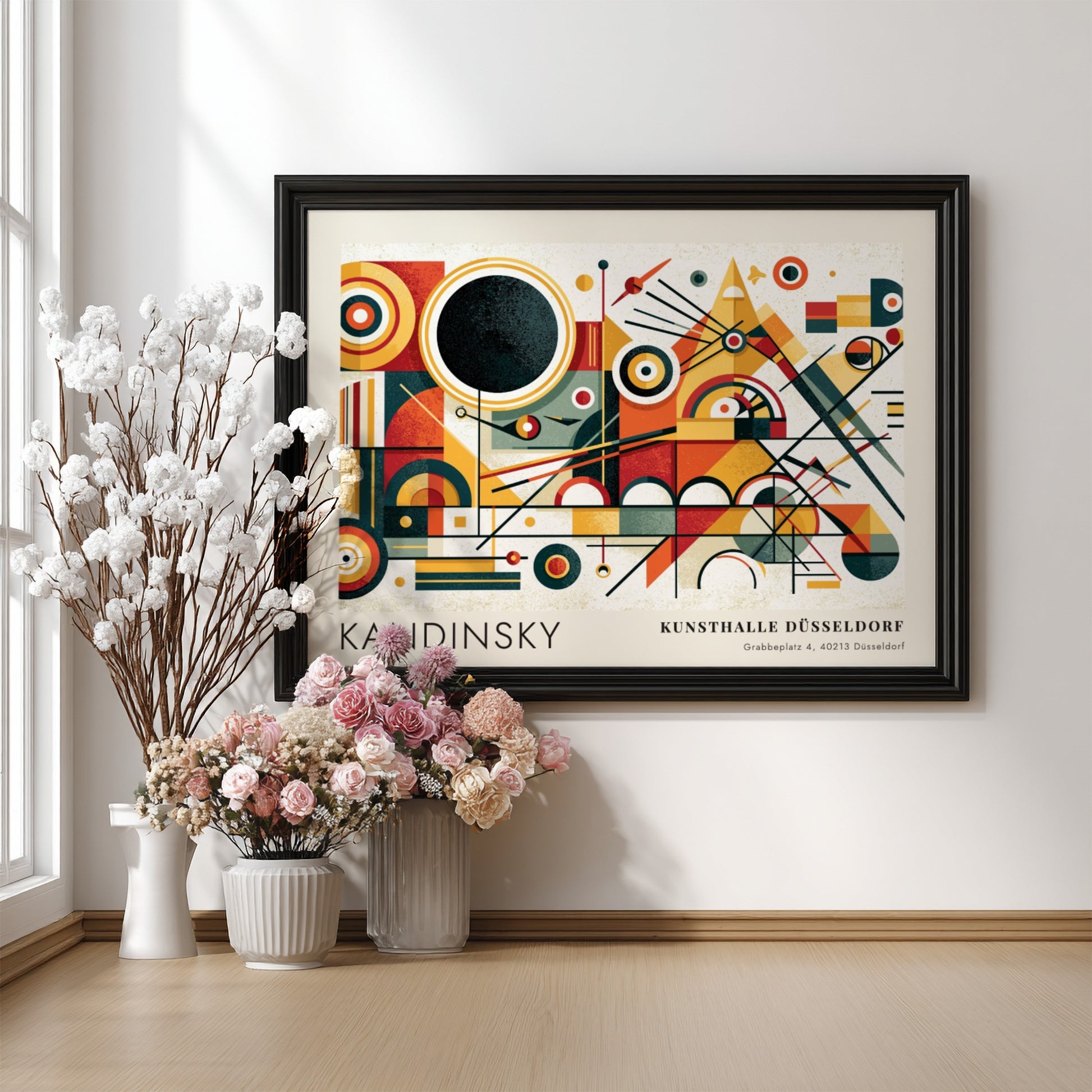 Wall art poster featuring Kandinsky abstract geometric shapes and Kunsthalle Düsseldorf exhibition text