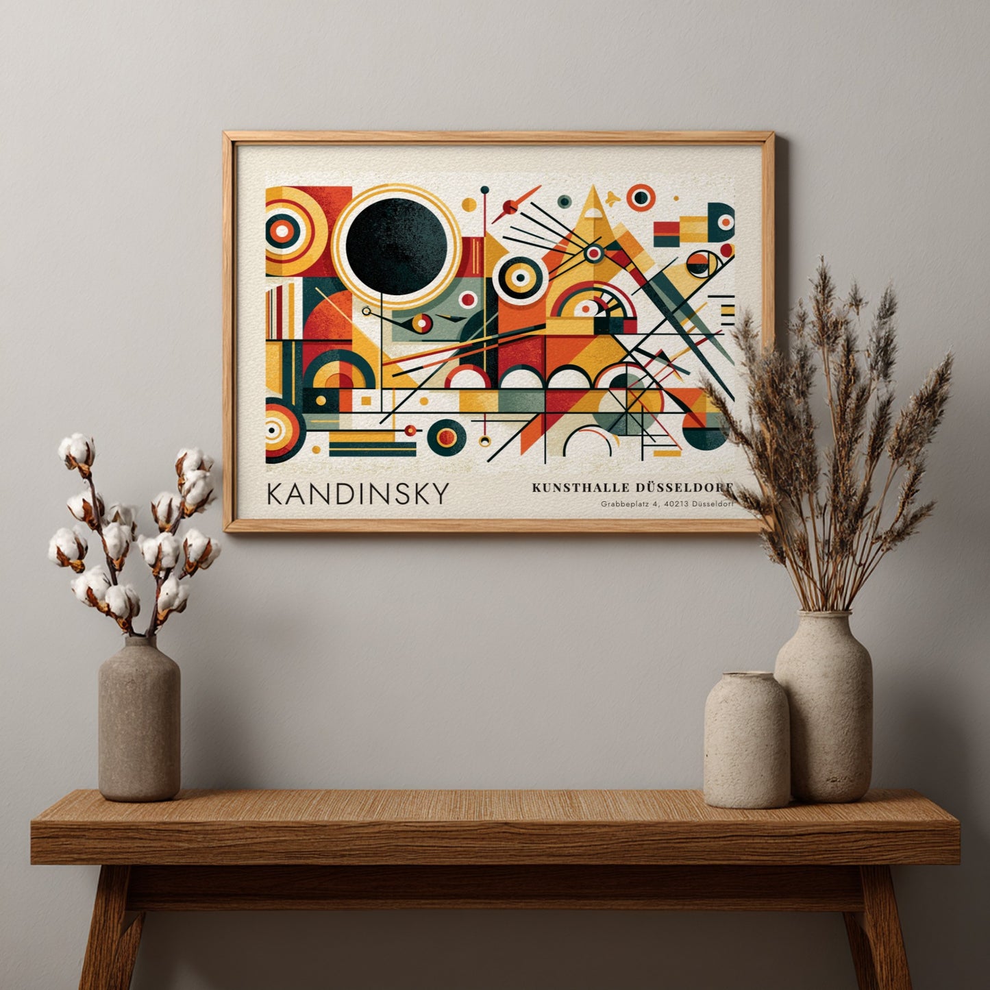 Wall art poster featuring Kandinsky abstract geometric shapes and Kunsthalle Düsseldorf exhibition text