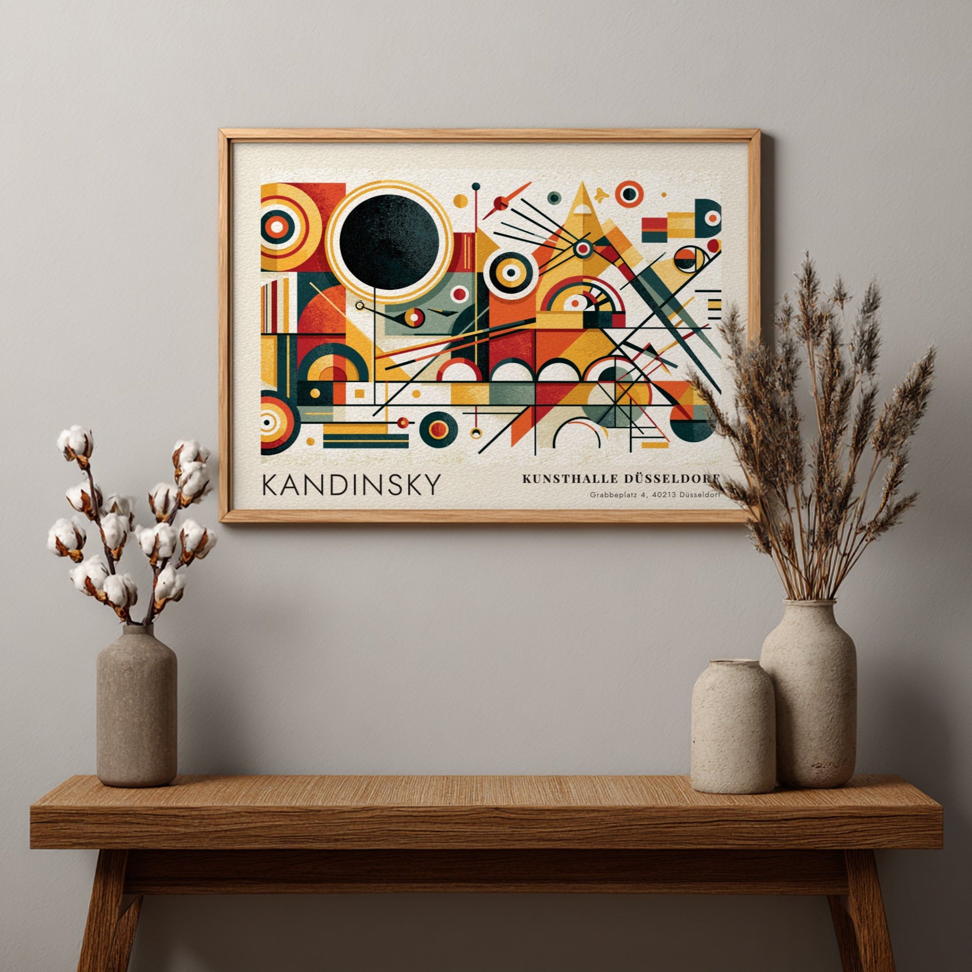 Wall art poster featuring Kandinsky abstract geometric shapes and Kunsthalle Düsseldorf exhibition text
