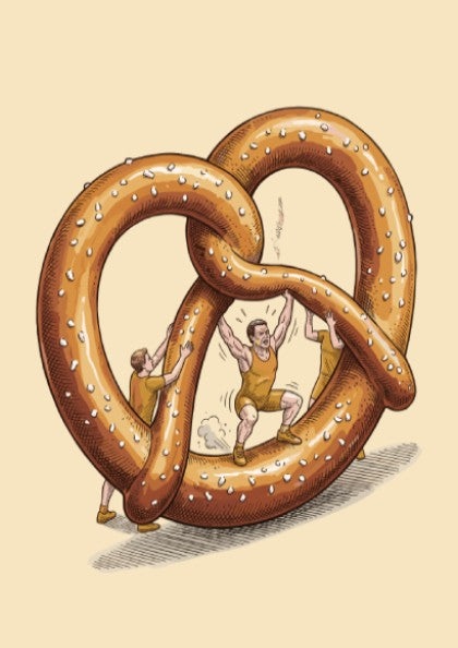 Poster featuring miniature athletes in golden gear lifting a giant salted brown pretzel.