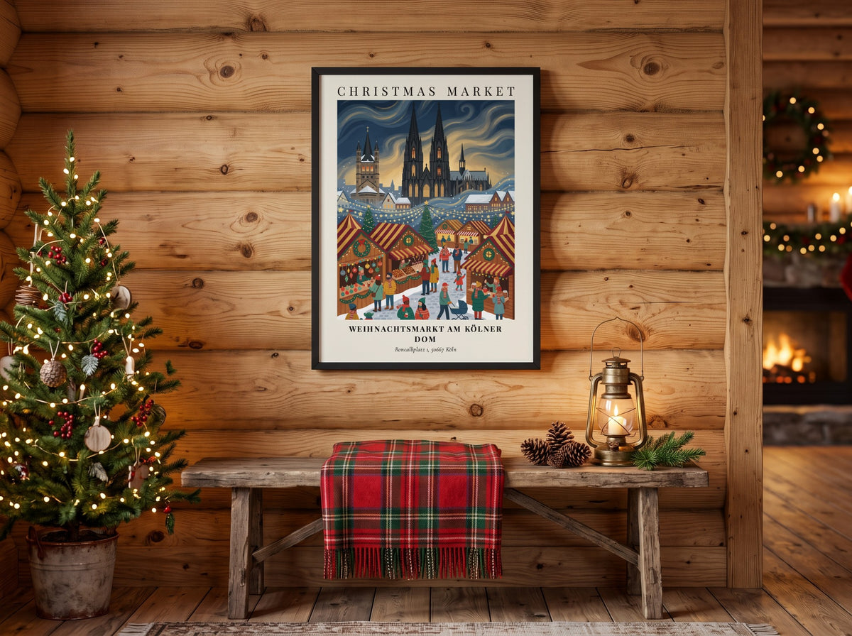 Weihnachtsmarkt am Kölner Dom poster showing a snowy Cologne Christmas market with cathedral spires.