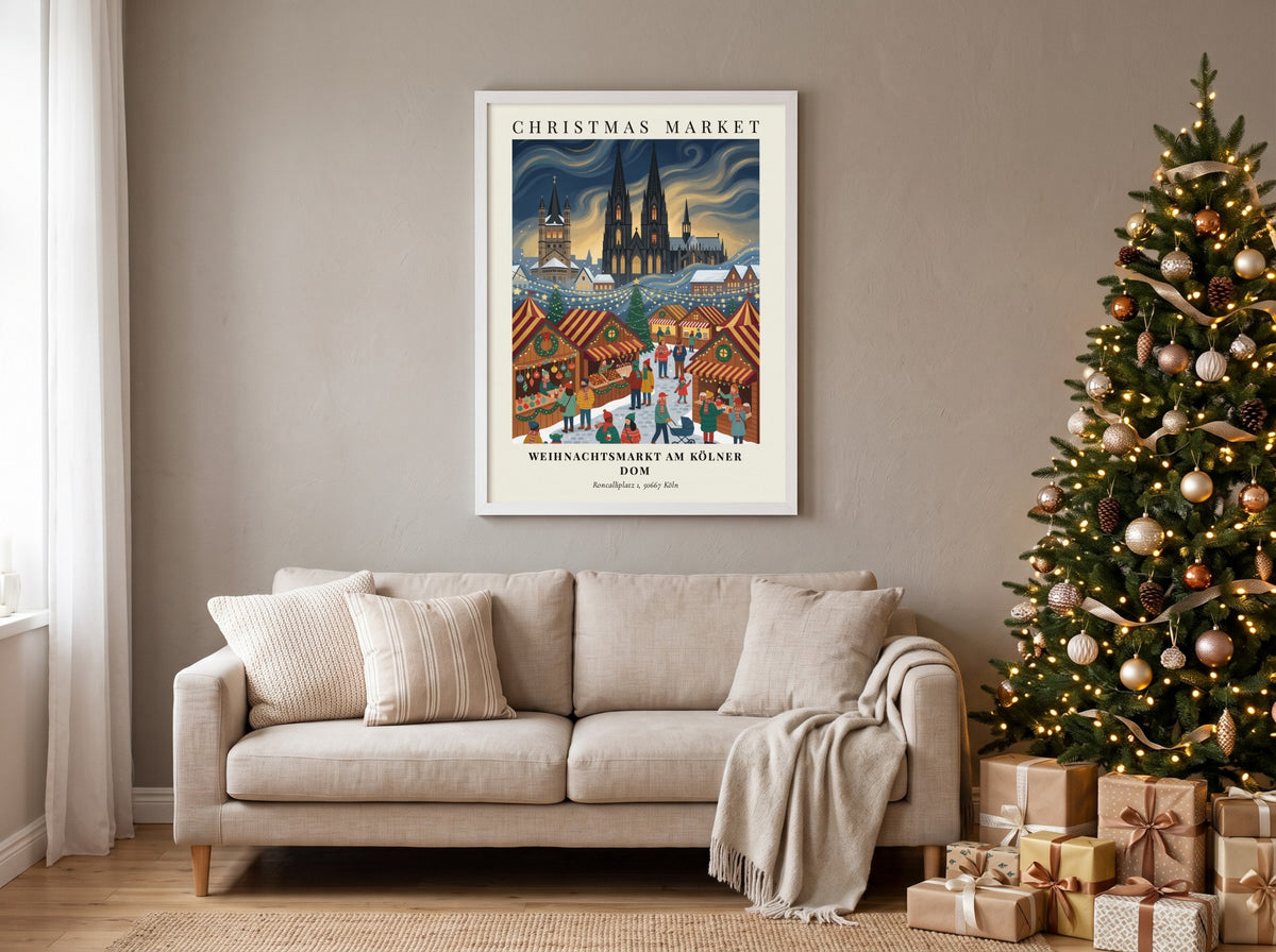 Weihnachtsmarkt am Kölner Dom poster showing a snowy Cologne Christmas market with cathedral spires.