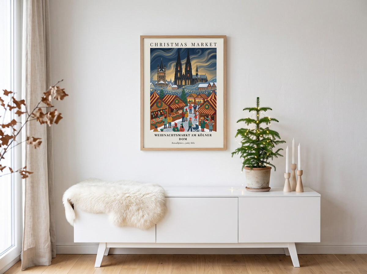 Weihnachtsmarkt am Kölner Dom poster showing a snowy Cologne Christmas market with cathedral spires.