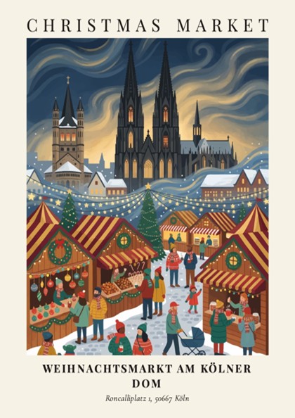 Weihnachtsmarkt am Kölner Dom poster showing a snowy Cologne Christmas market with cathedral spires.