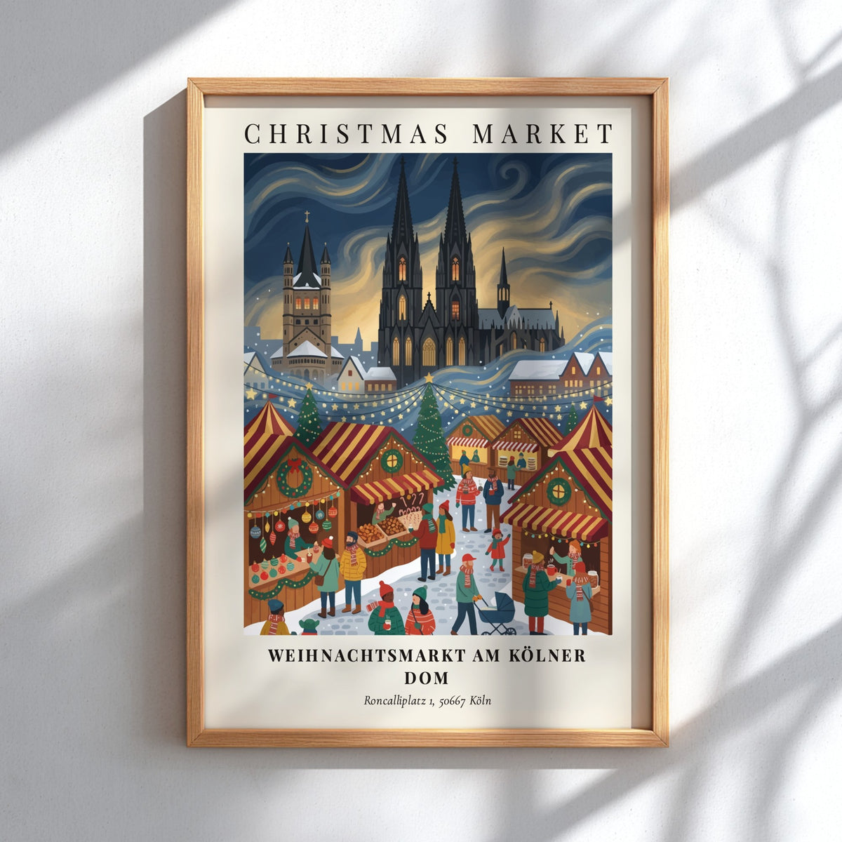 Weihnachtsmarkt am Kölner Dom poster showing a snowy Cologne Christmas market with cathedral spires.