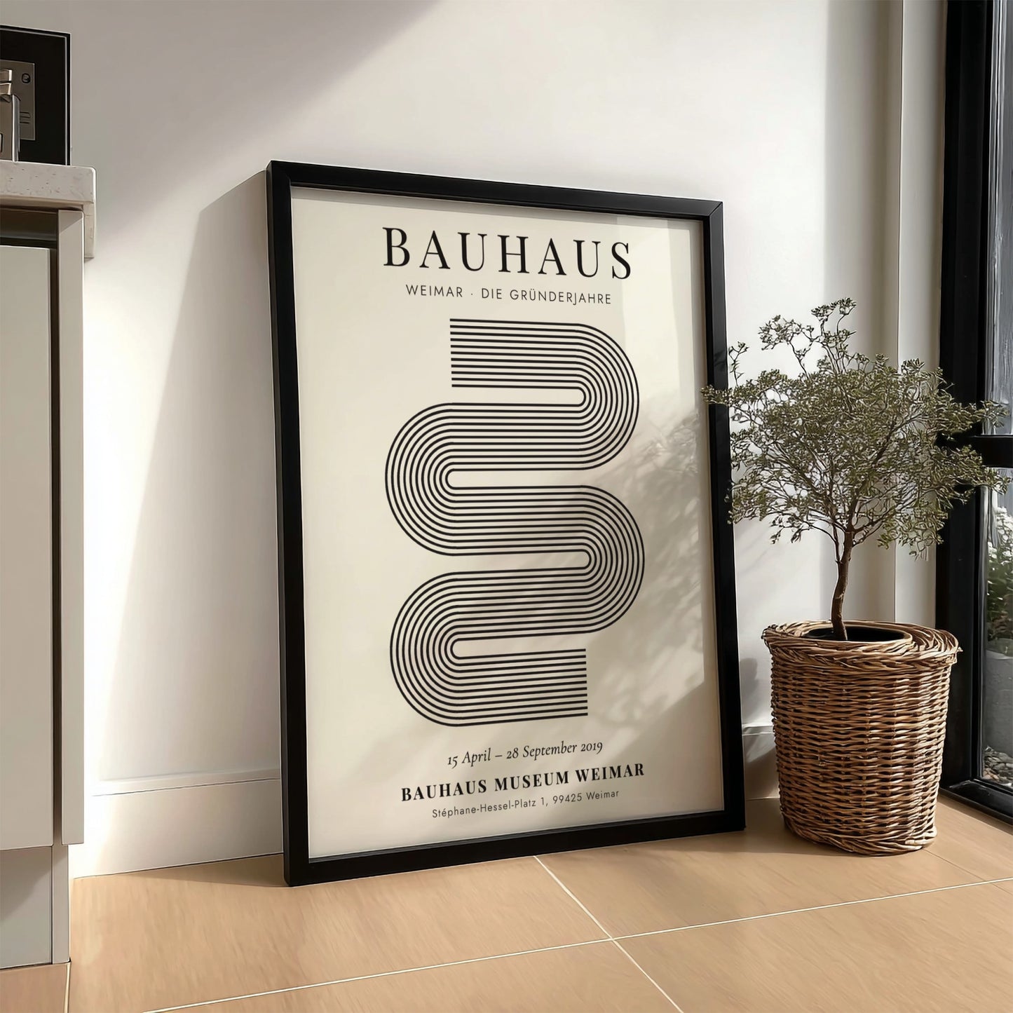 Bauhaus poster featuring geometric lines in black and white, modern design for wall decor