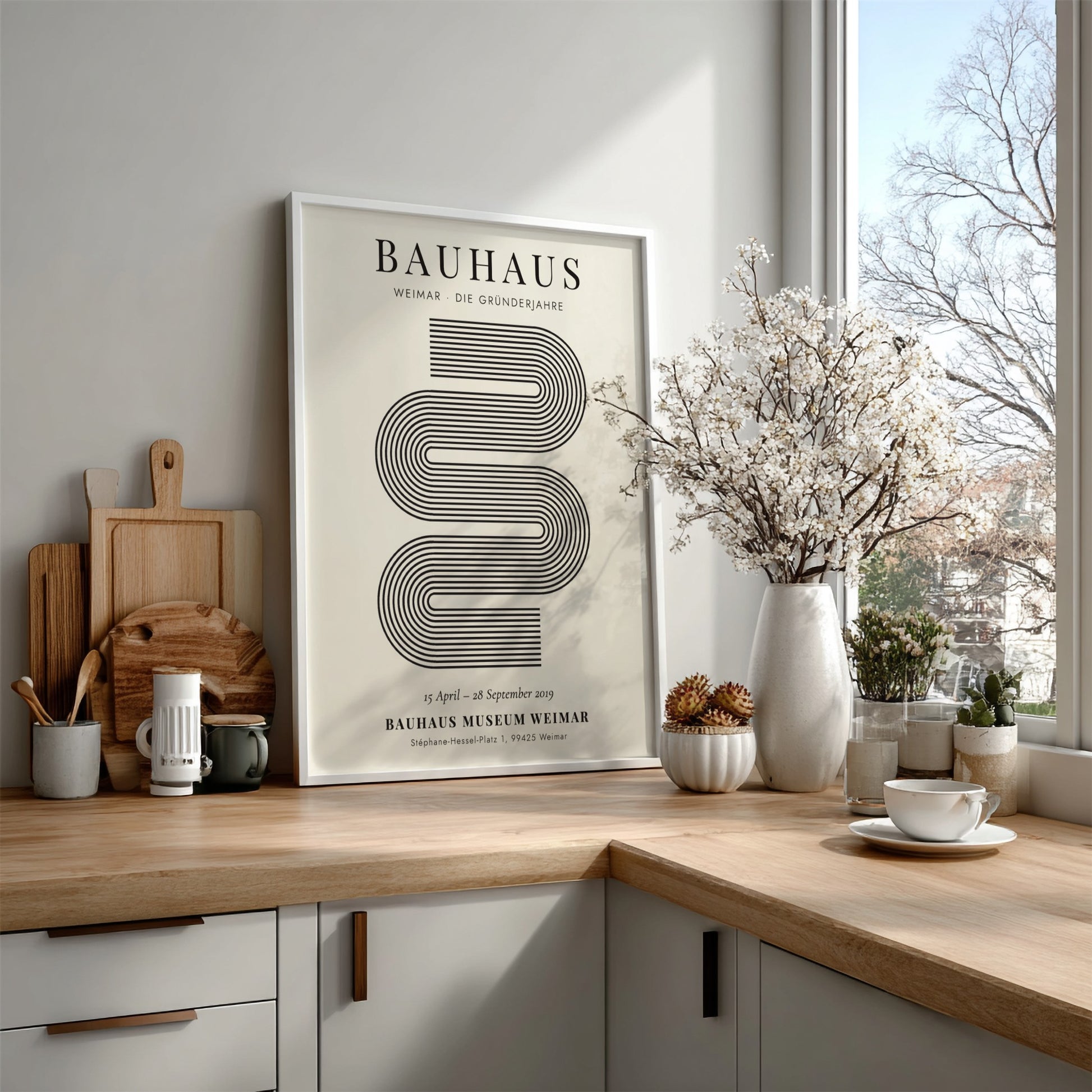 Bauhaus poster featuring geometric lines in black and white, modern design for wall decor