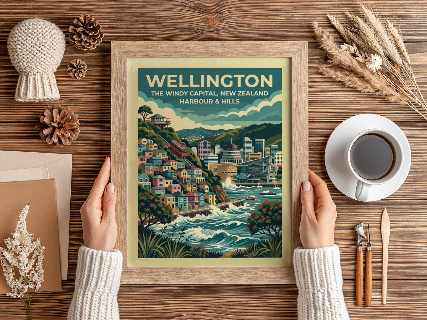 Wellington travel poster featuring the windy capital city, red cable car, and harbour.