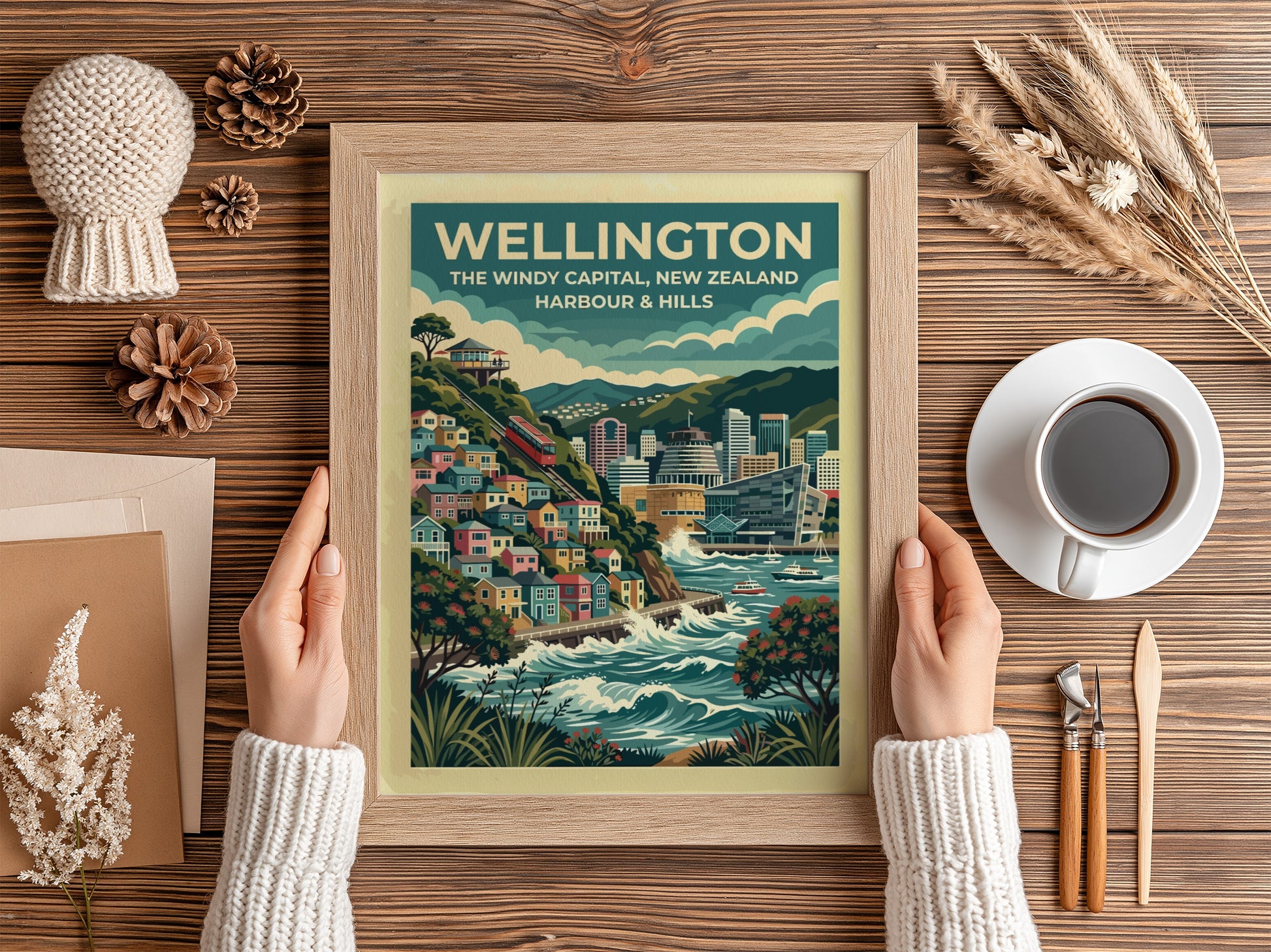 Wellington travel poster featuring the windy capital city, red cable car, and harbour.