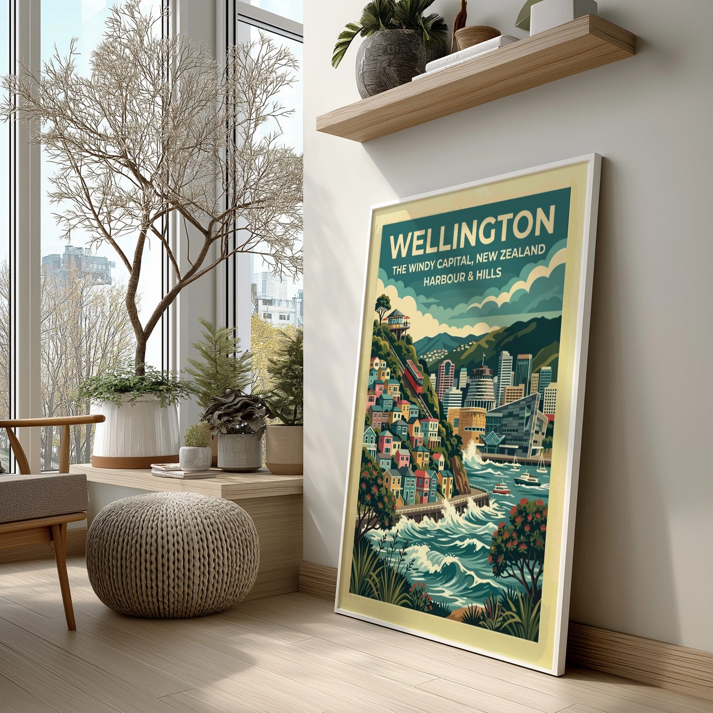 Wellington travel poster featuring the windy capital city, red cable car, and harbour.