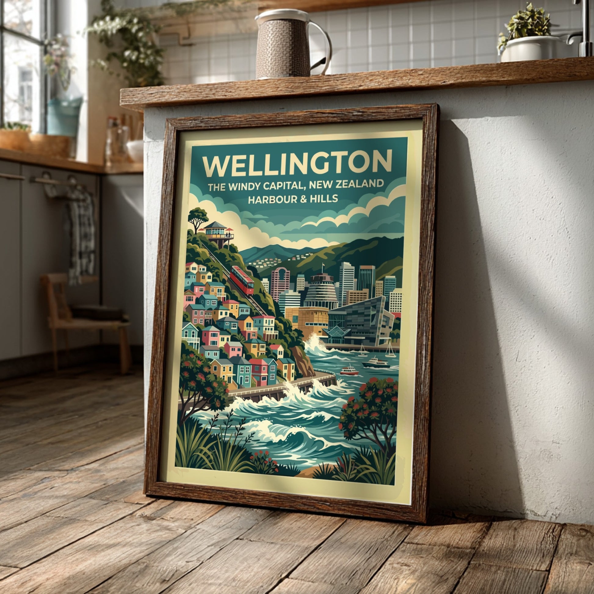 Wellington travel poster featuring the windy capital city, red cable car, and harbour.