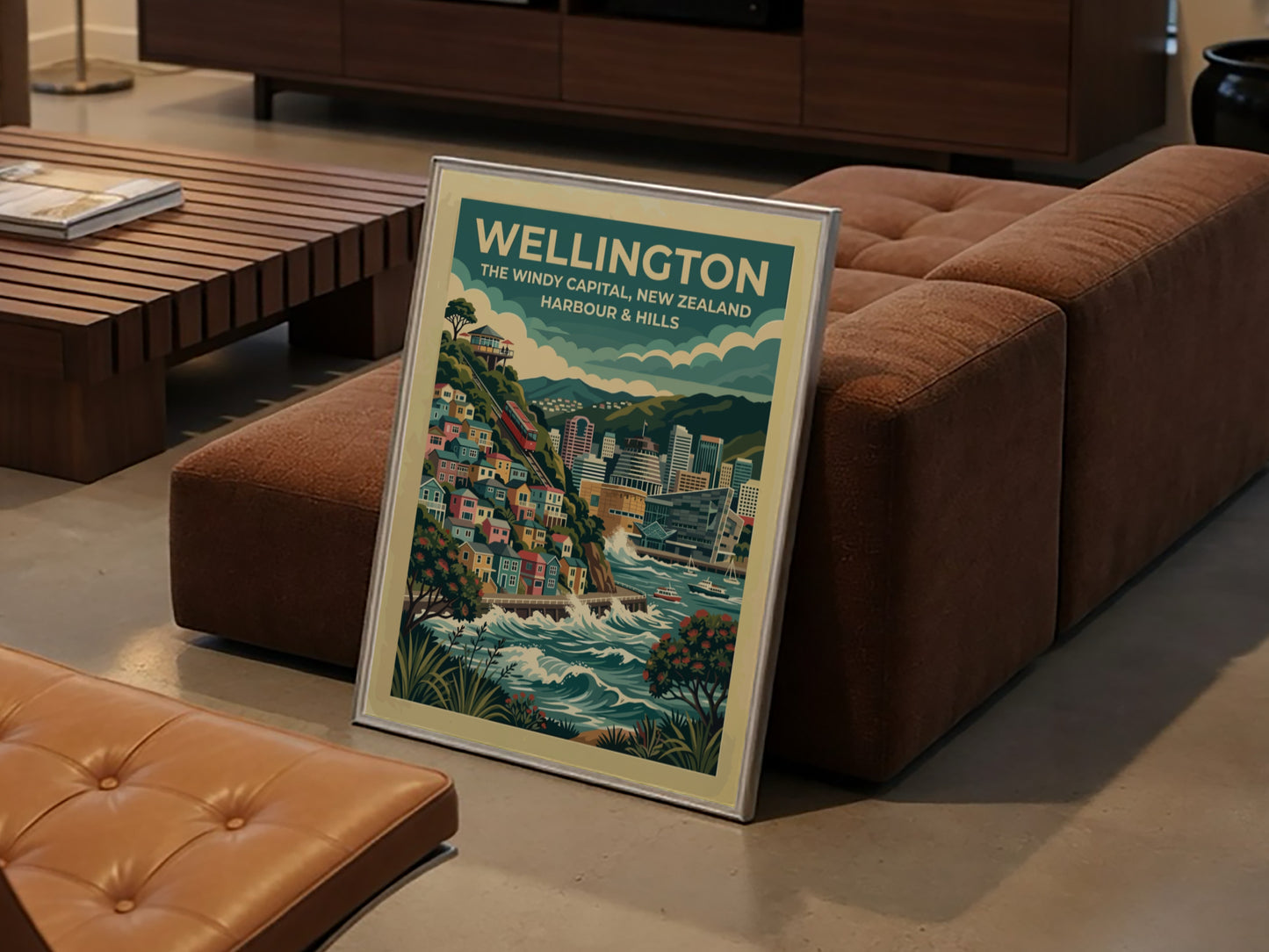 Wellington travel poster featuring the windy capital city, red cable car, and harbour.