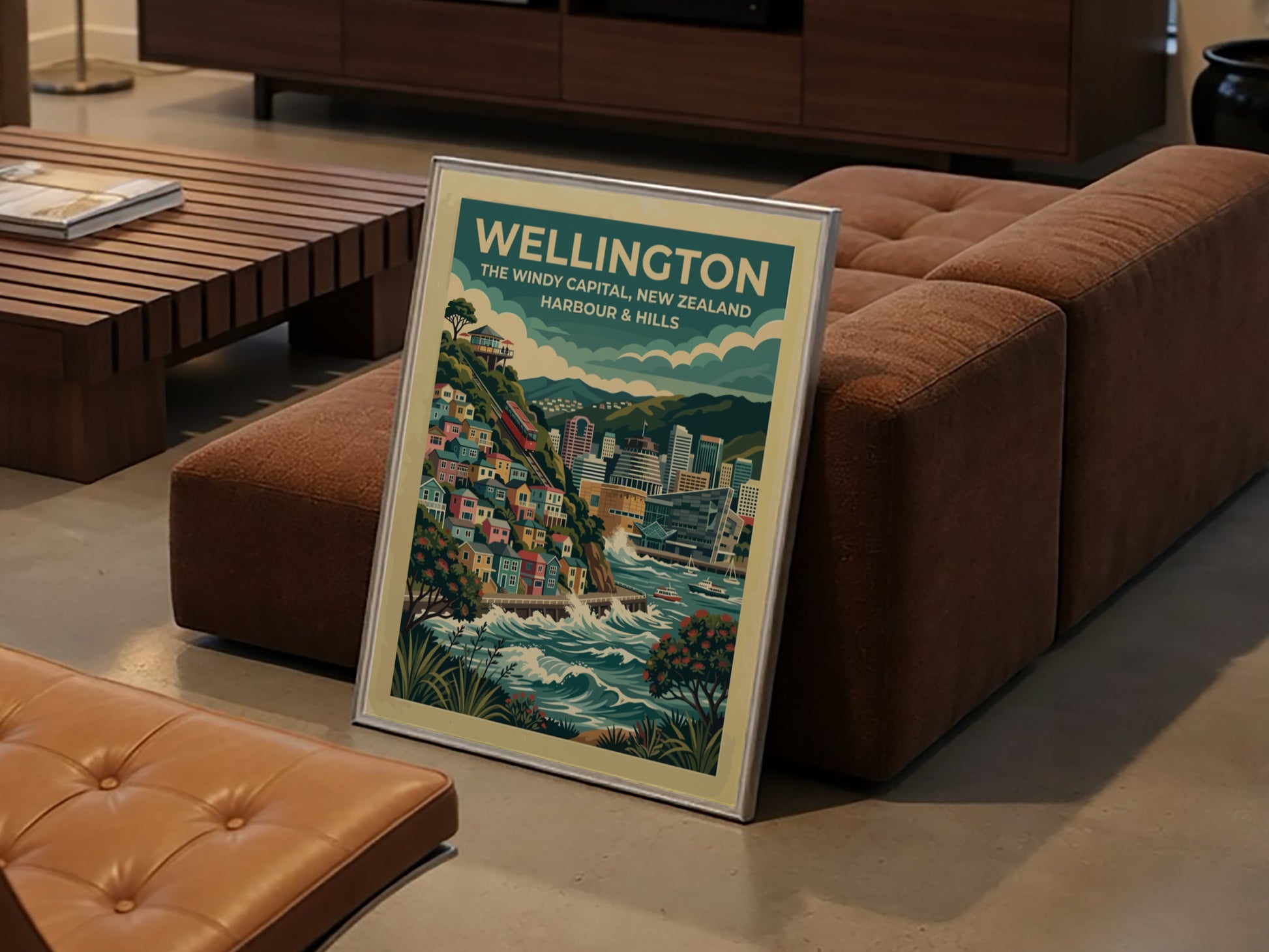 Wellington travel poster featuring the windy capital city, red cable car, and harbour.