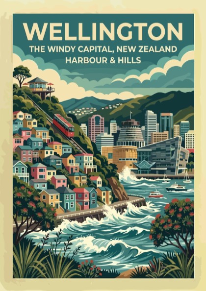 Wellington travel poster featuring the windy capital city, red cable car, and harbour.