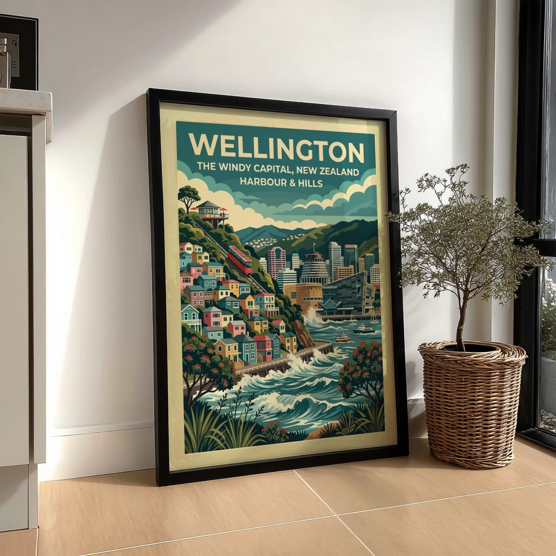 Wellington travel poster featuring the windy capital city, red cable car, and harbour.