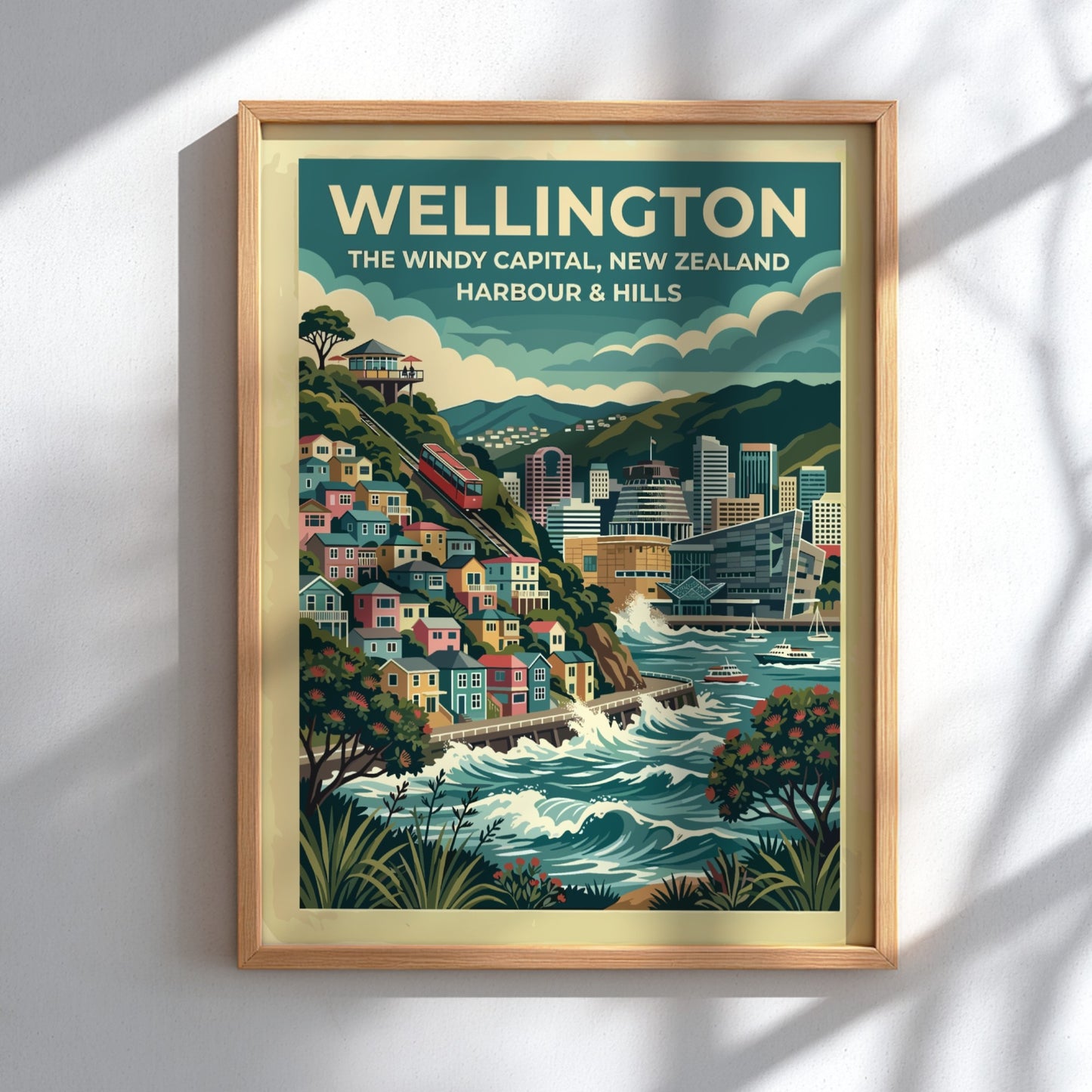 Wellington travel poster featuring the windy capital city, red cable car, and harbour.
