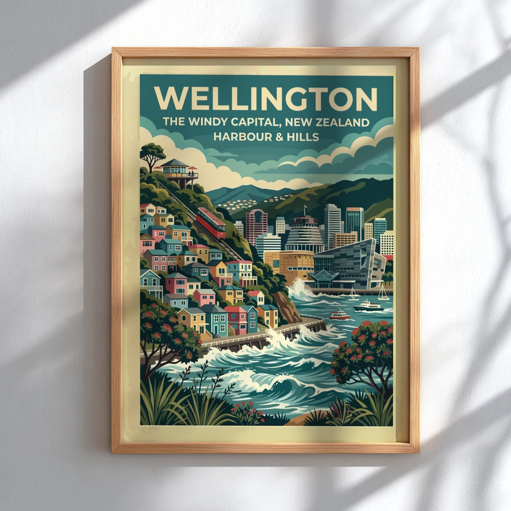 Wellington travel poster featuring the windy capital city, red cable car, and harbour.