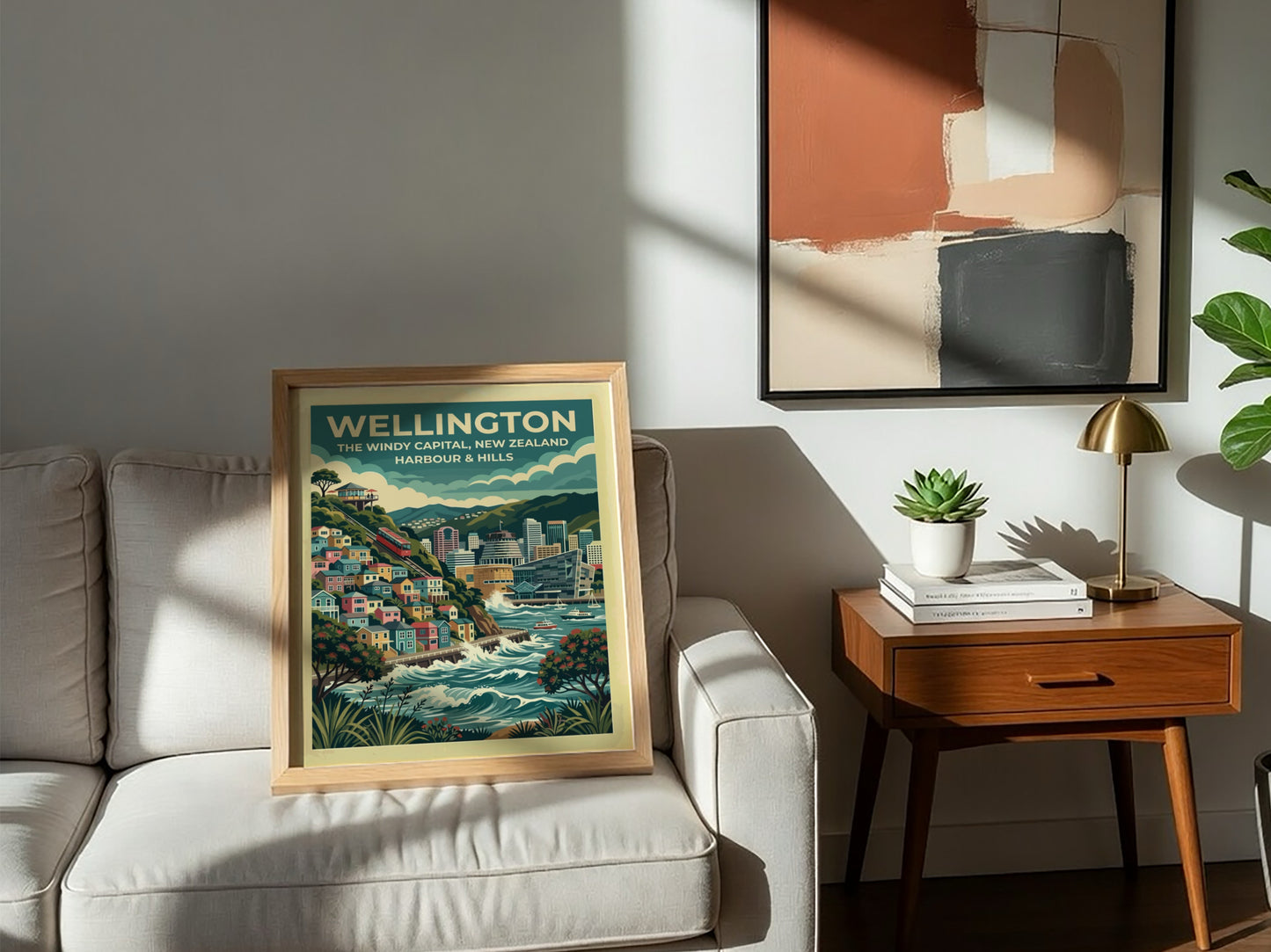 Wellington travel poster featuring the windy capital city, red cable car, and harbour.