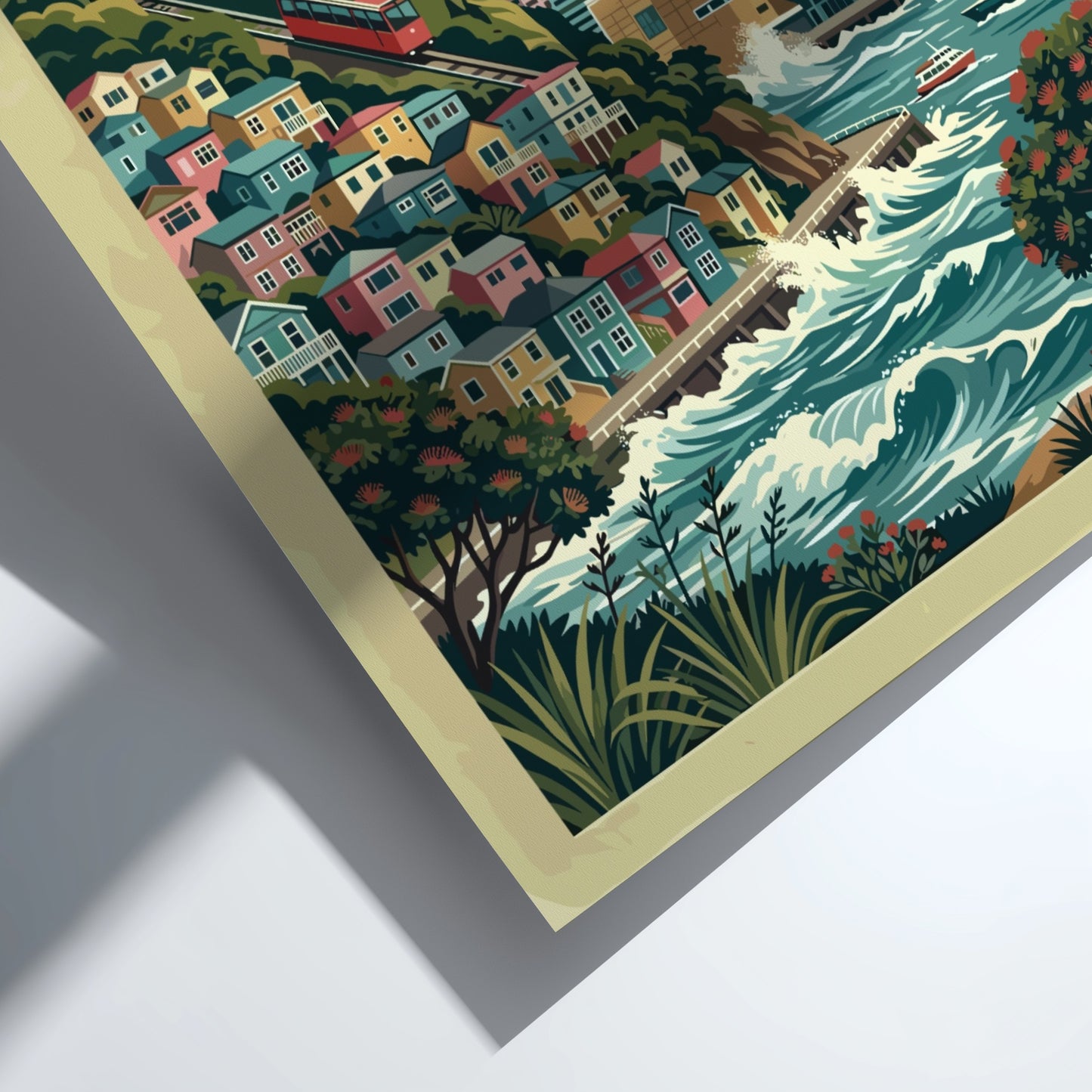 Wellington travel poster featuring the windy capital city, red cable car, and harbour.